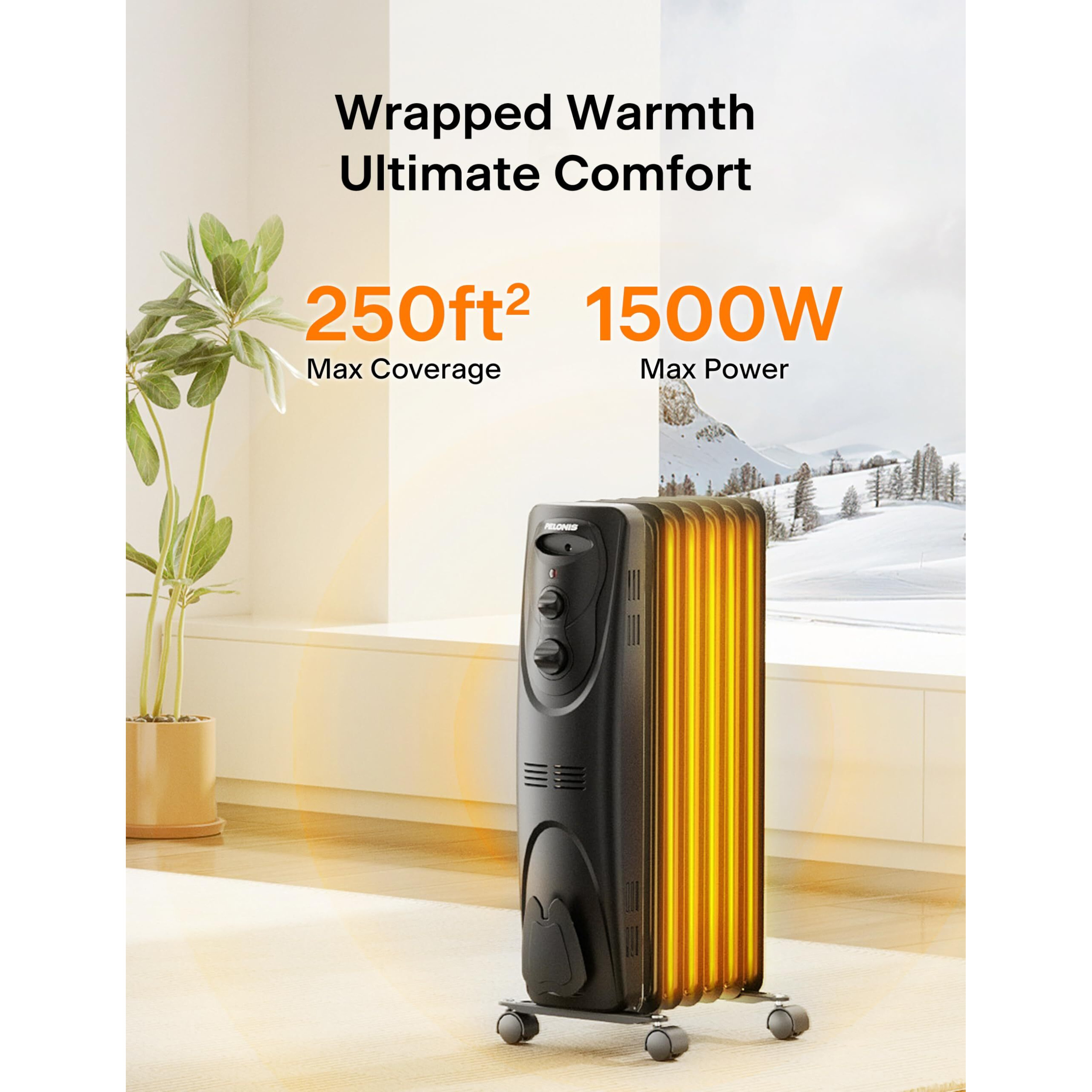 Pelonis Oil Filled Radiator Heater For Indoor Use Large Room Safe With Thermostat, 1500W Energy Efficient Quiet Space Heater, 3 Heat Settings & 8H Timer, Overheat & Tip-Over, Black