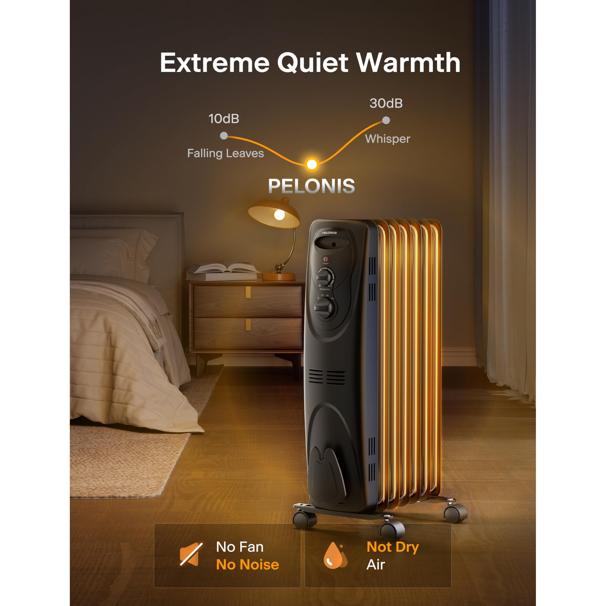 Pelonis Oil Filled Radiator Heater For Indoor Use Large Room Safe With Thermostat, 1500W Energy Efficient Quiet Space Heater, 3 Heat Settings & 8H Timer, Overheat & Tip-Over, Black