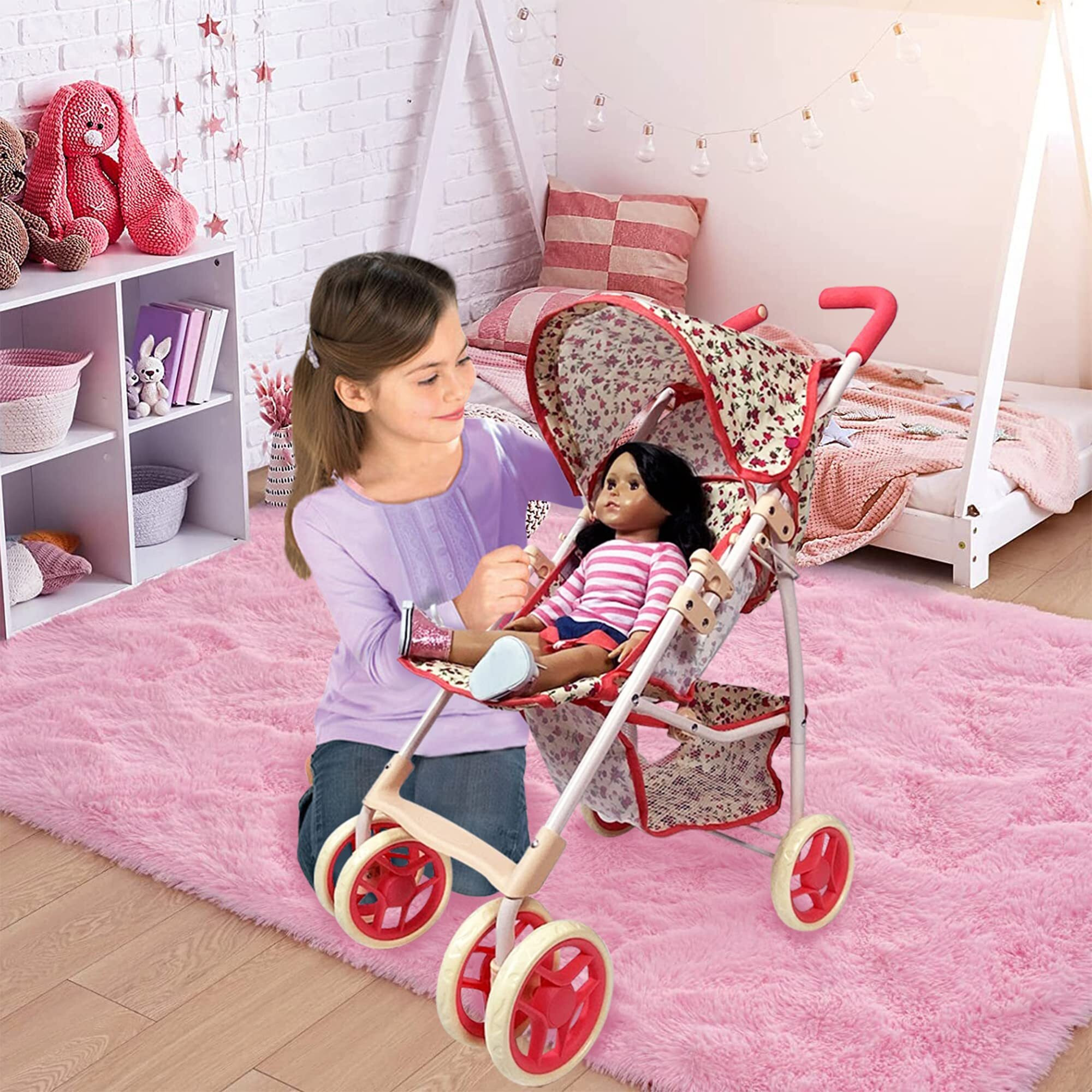 Baby Doll Stroller For Toddler Girls & Big Kids Up To 8 Years Old | 28    Baby Stroller For Dolls, Toy Baby Stroller With Cute Coral Floral Print, Mesh Storage Basket, Canopy, Handle Grips, Rubber Tires