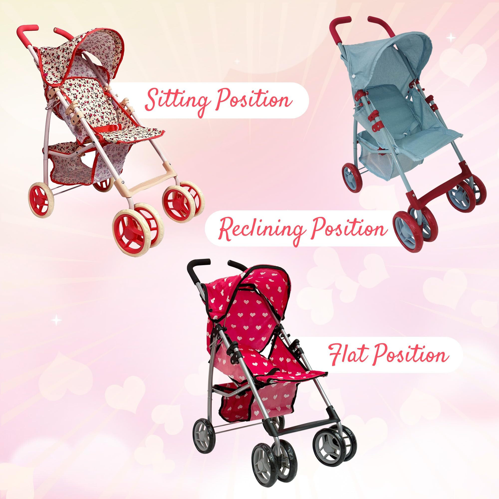 Baby Doll Stroller For Toddler Girls & Big Kids Up To 8 Years Old | 28    Baby Stroller For Dolls, Toy Baby Stroller With Cute Coral Floral Print, Mesh Storage Basket, Canopy, Handle Grips, Rubber Tires