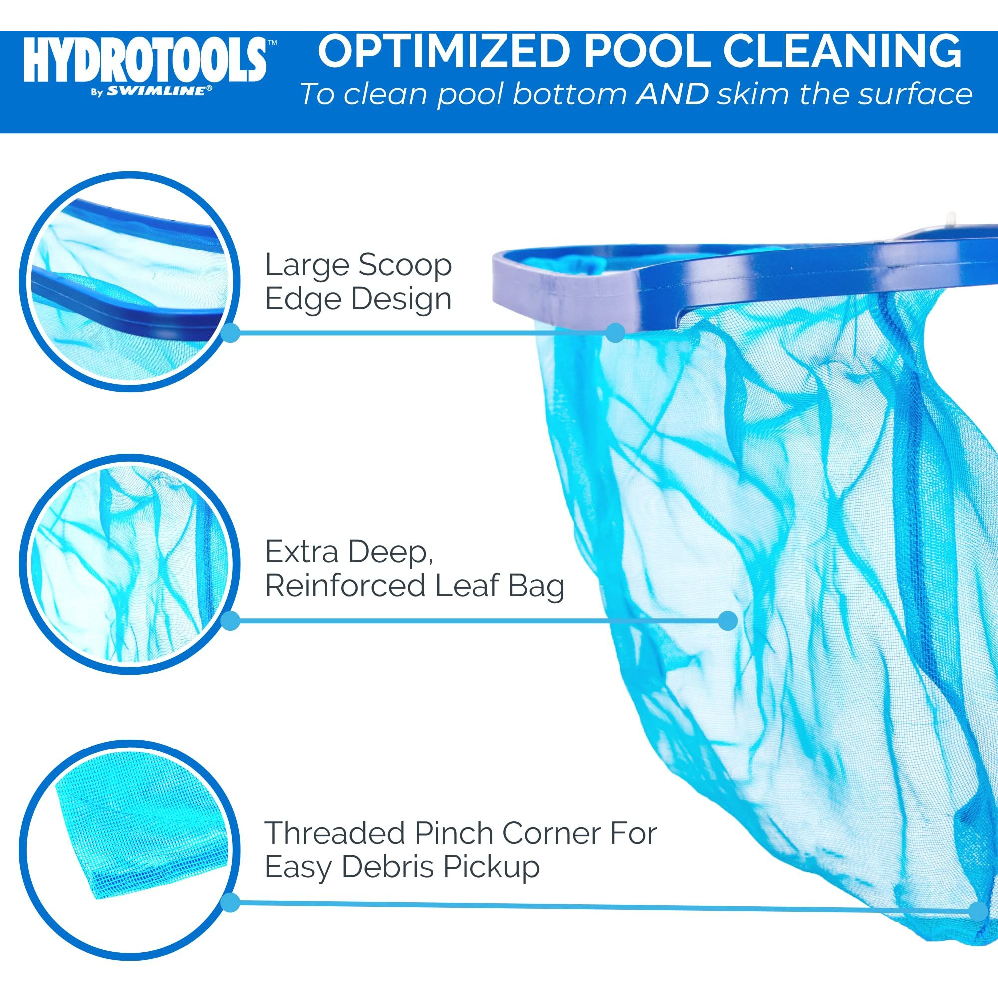 Hydrotools By Swimline 8015 Leaf Net For Inground Above Ground Pool Pond | Extra Large Skimmer Net Cleaning Tool Ultra Fine Deep Mesh Bag | Durable Introductory Plastic Frame | For Debris Bugs Pickup