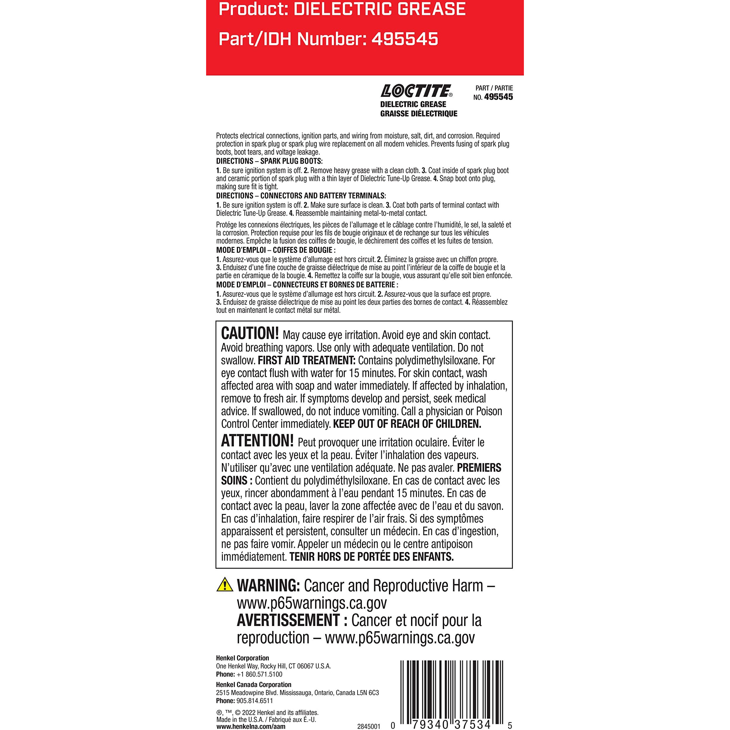 Loctite 37534 Dielectric Grease For Automotive Provides Moisture-Proof Barrier, Prevents Voltage Leakage, For High-Energy Ignition Systems 0.33 Oz. Tube (Pn 495545-37534)