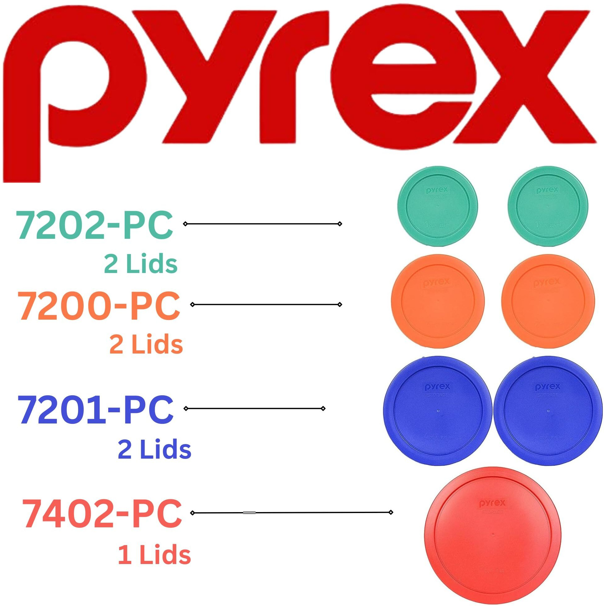 Pyrex Food Storage Plastic Replacement Lid Set (Red, Cobalt Blue, Orange, Green)
