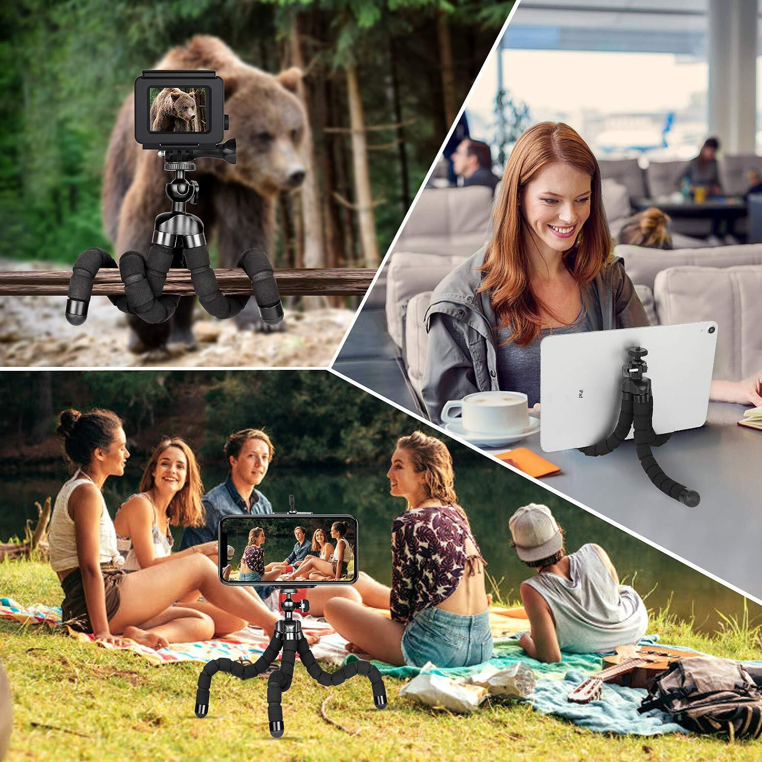 Phone Tripod,Portable And Flexible Adjustable Cell Phone Stand Holder With Remote And Universal Clip For Iphone Android Phone Compact Digital Camera Sports Camera Black