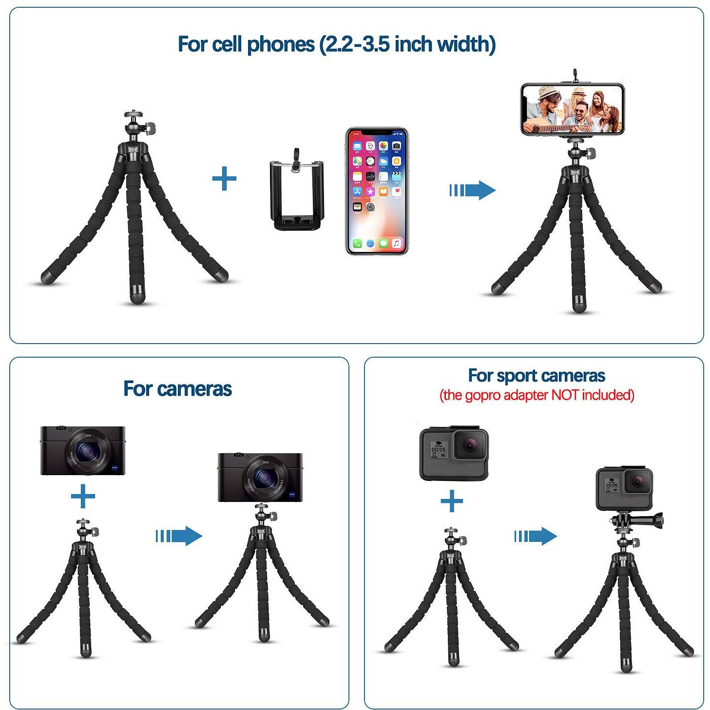Phone Tripod,Portable And Flexible Adjustable Cell Phone Stand Holder With Remote And Universal Clip For Iphone Android Phone Compact Digital Camera Sports Camera Black