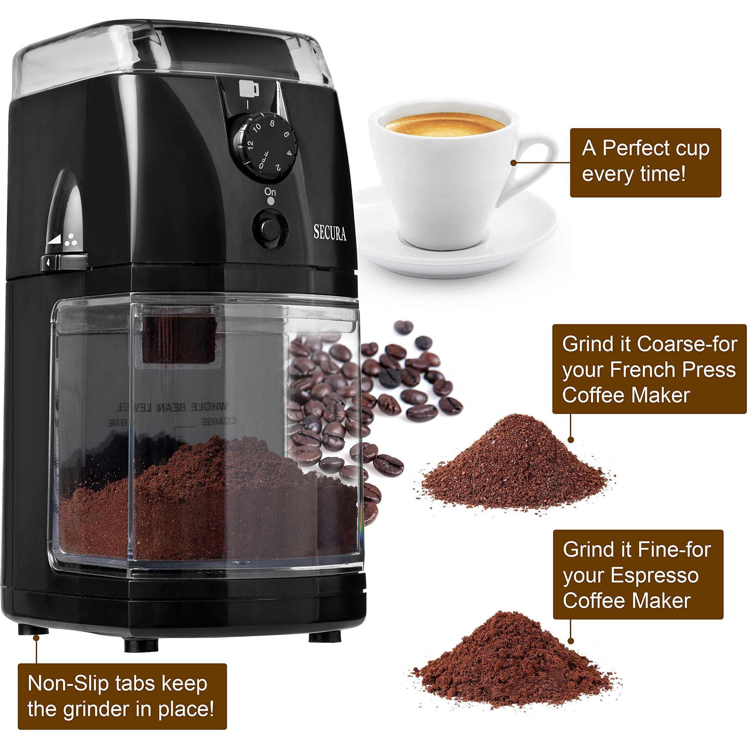 Secura Electric Burr Coffee Grinder Mill, Adjustable Cup Size, 17 Fine To Coarse Grind Size Settings For Drip, Percolator, French Press And Turkish Coffee Makers, Black,12 Cups