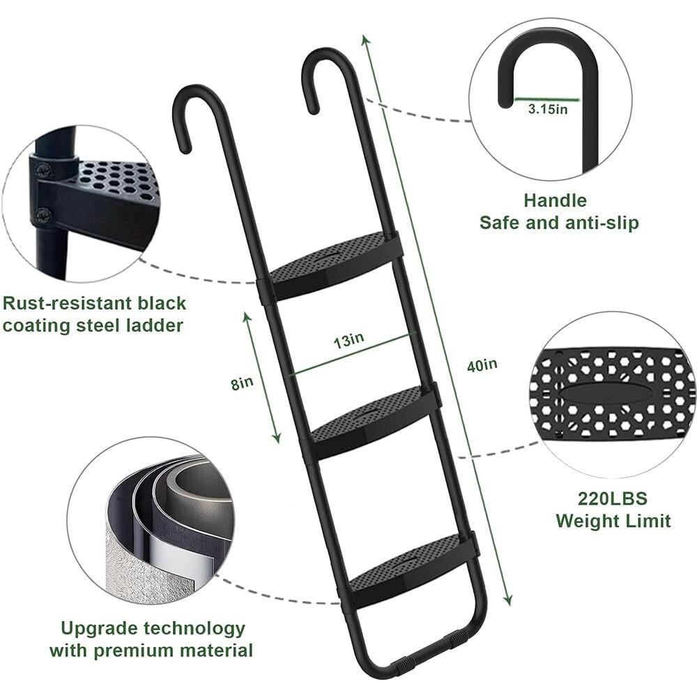 Eurmax Usa Universal Easy-To-Assemble Trampoline Ladder, 3 Steps With Wide Steps, Trampoline Storage Bag, 220 Lbs Capacity Trampoline Accessories For Children Kids, Black