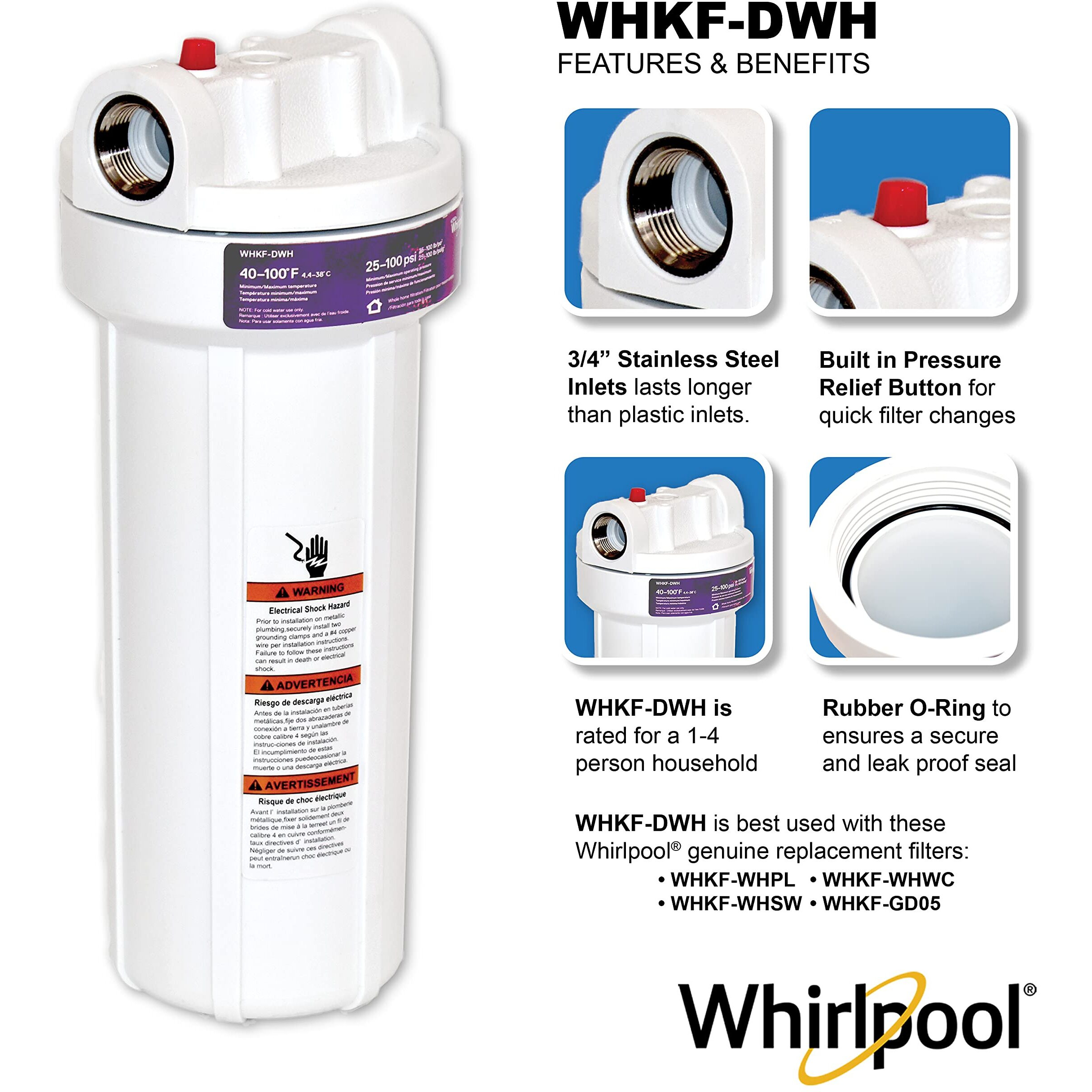 Whirlpool Whole Home Water Filtration System | Whkf-Dwh, Stainless Steel Inlets | Standard Capacity Reduces Sediment, Sand, Soil, Silt, & Rust | Filter Not Included