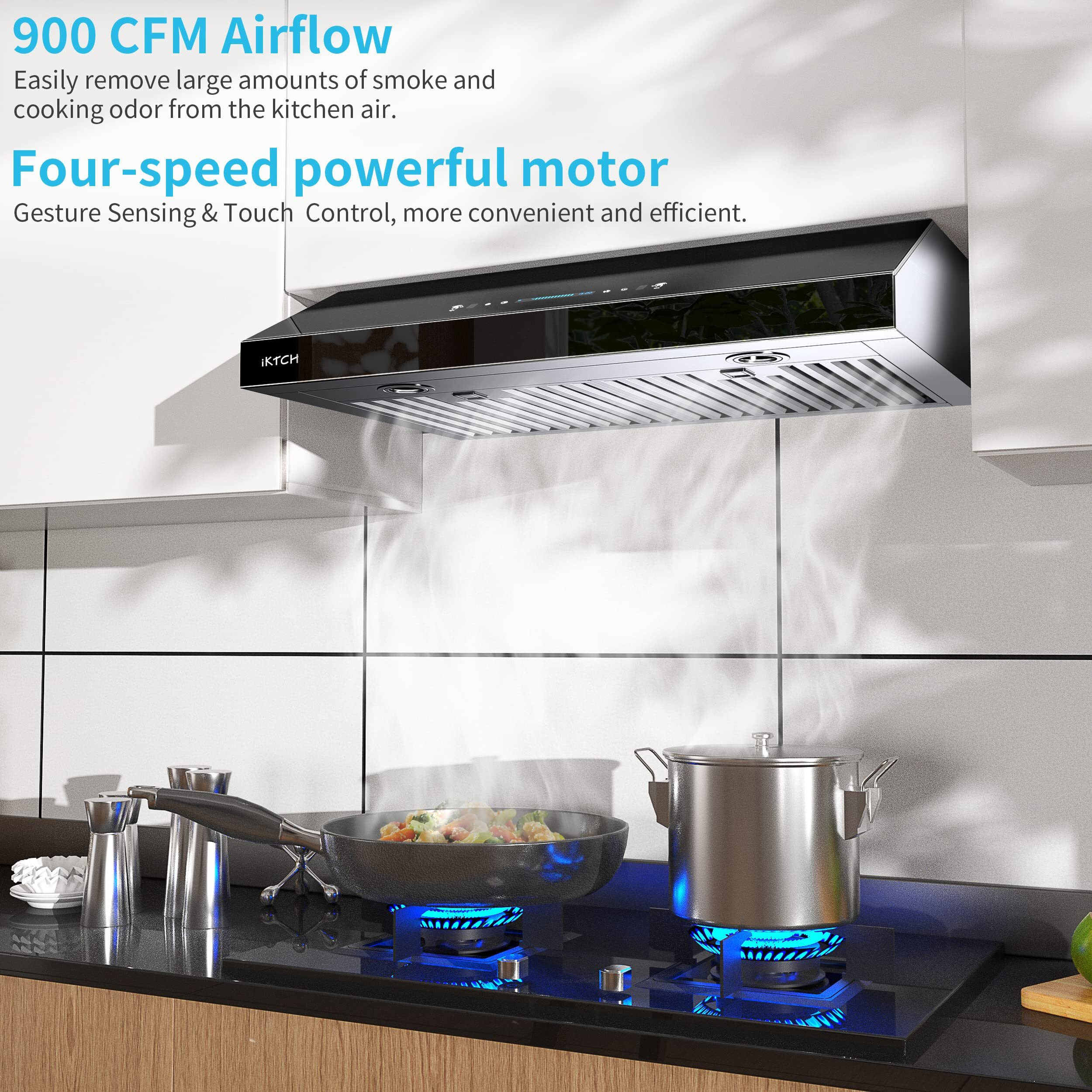 Iktch Upgrated 30"&quotUnder Cabinet Range Hood, 900 Cfm Ducted Range Hood With 4 Speed Fan, Black Stainless Steel & Tempered Glass Range Hood 30 Inch With Gesture Sensing&Touch Control Making Life Smarter