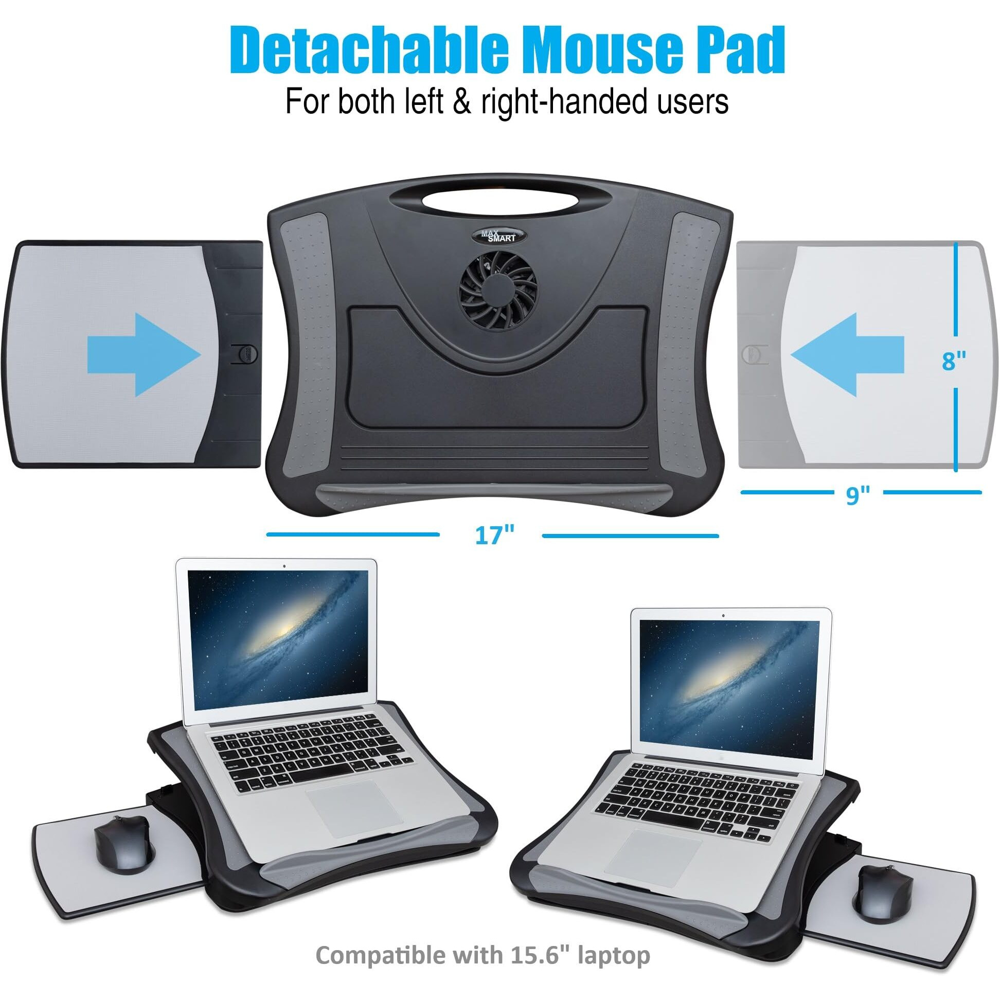 Max Smart Laptop Lap Pad Laptop Stand With Attached Mouse Pad, Cushion And Usb Cooling Fan, Non-Slip Heat Shield Tablet Computer Stand For Sturdy Work Station For Home, Office, Bed Sofa, Couch And Car