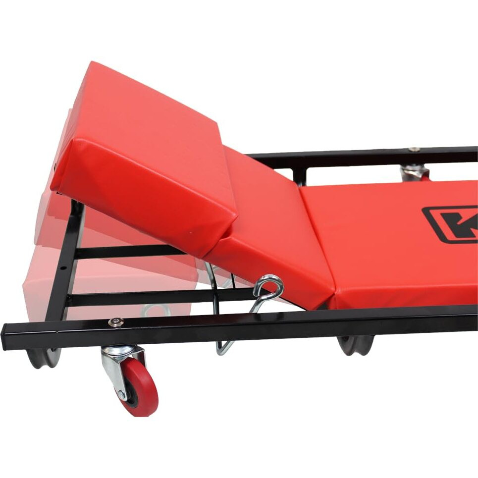 K Tool International 74961 40"" Automotive Creeper With Adjustable Headrest For Garages, Repair Shops, And Diy, Fully Padded, (6) 2"" Oil Resistant Rubber Castors, Heavy Duty Steel Frame, Red/Black