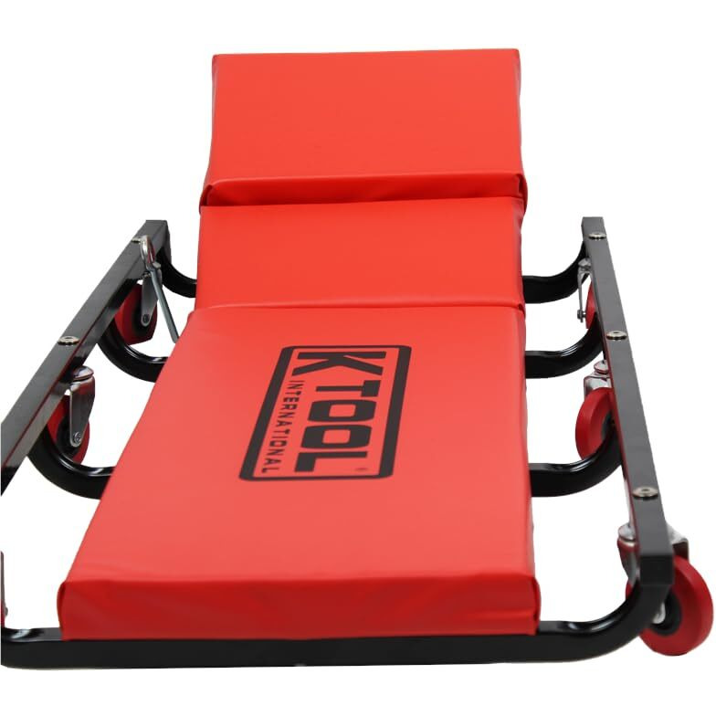 K Tool International 74961 40"" Automotive Creeper With Adjustable Headrest For Garages, Repair Shops, And Diy, Fully Padded, (6) 2"" Oil Resistant Rubber Castors, Heavy Duty Steel Frame, Red/Black