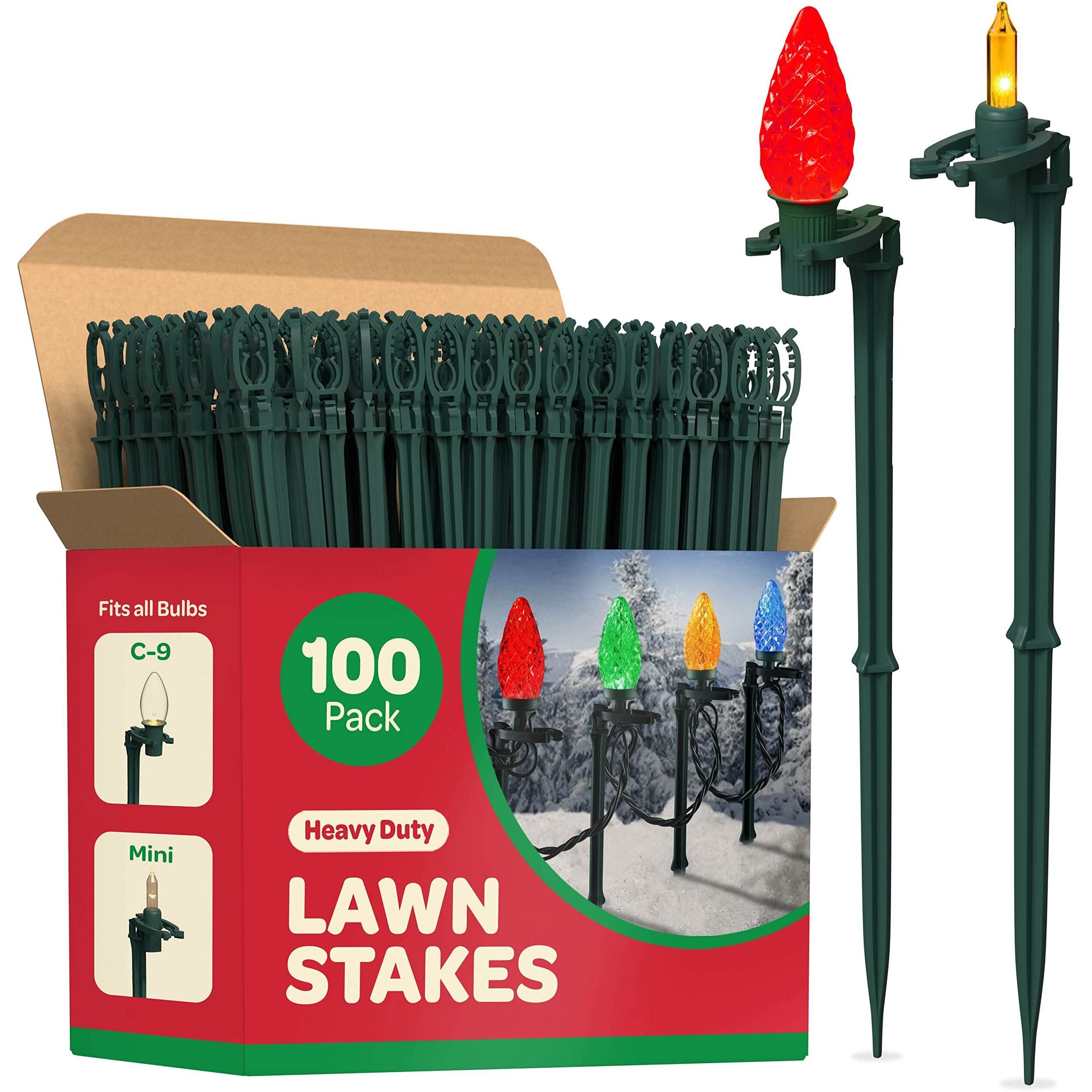 Christmas Light Yard Stakes [Set Of 100] Outdoor Light Stakes - 8.5"" Tall - Universal Christmas Pathway Lights On Yards, Driveways - Christmas Yard Stakes - Driveway Christmas Light Stakes - Usa Made