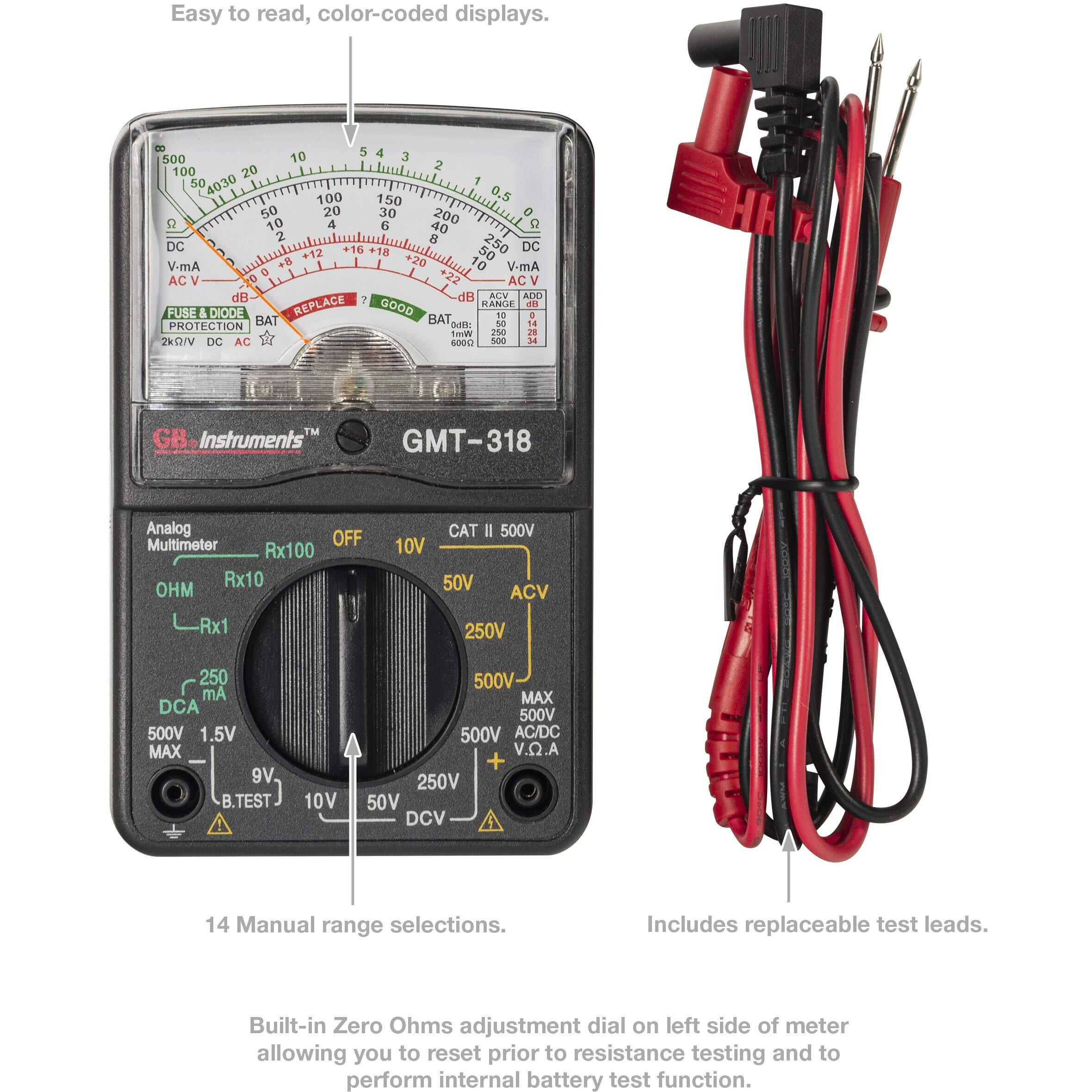 Gardner Bender Gmt-318 Analog Multimeter, 6 Function, 14 Range, Ac / Dc Volt, 500V