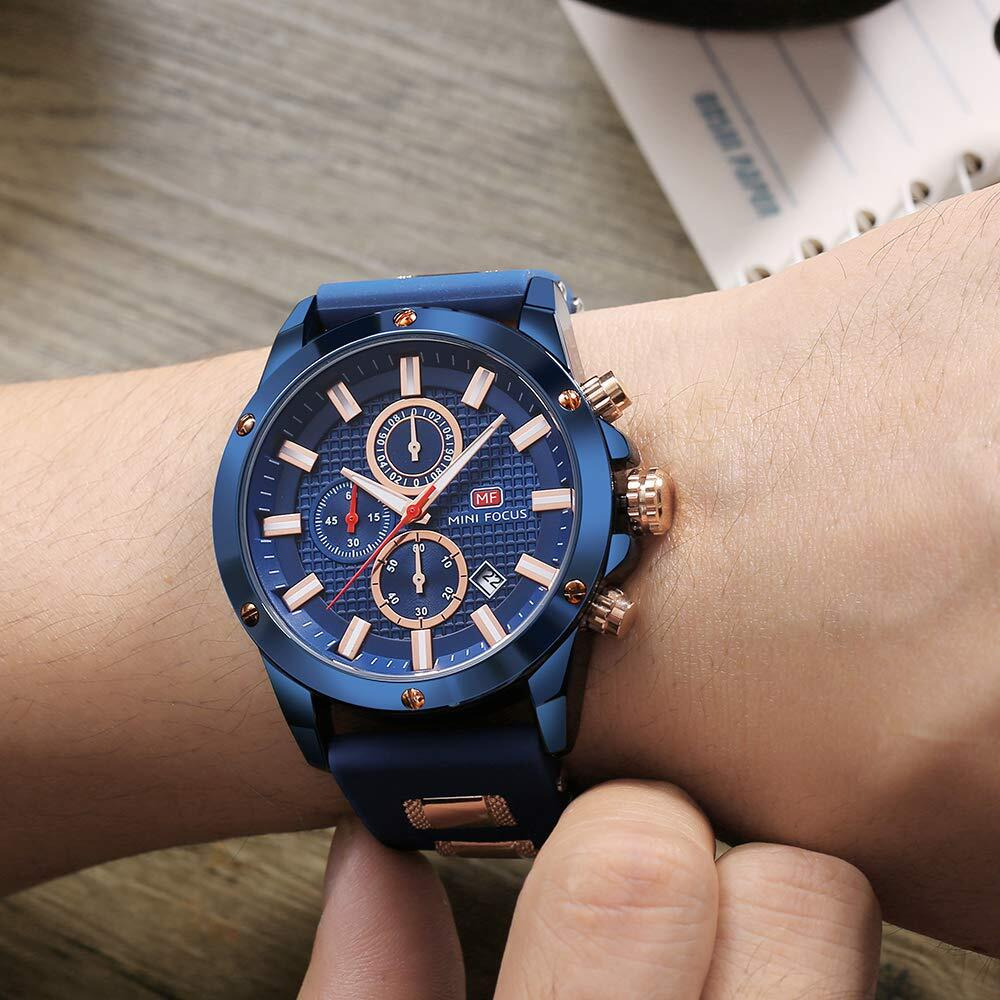 Mini Focus Mens Watch Casual Sports Watches (Chronograph/Waterproof/Luminous/Calendar) Silicon Band Fashion Quartz Watch For Men (Blue)