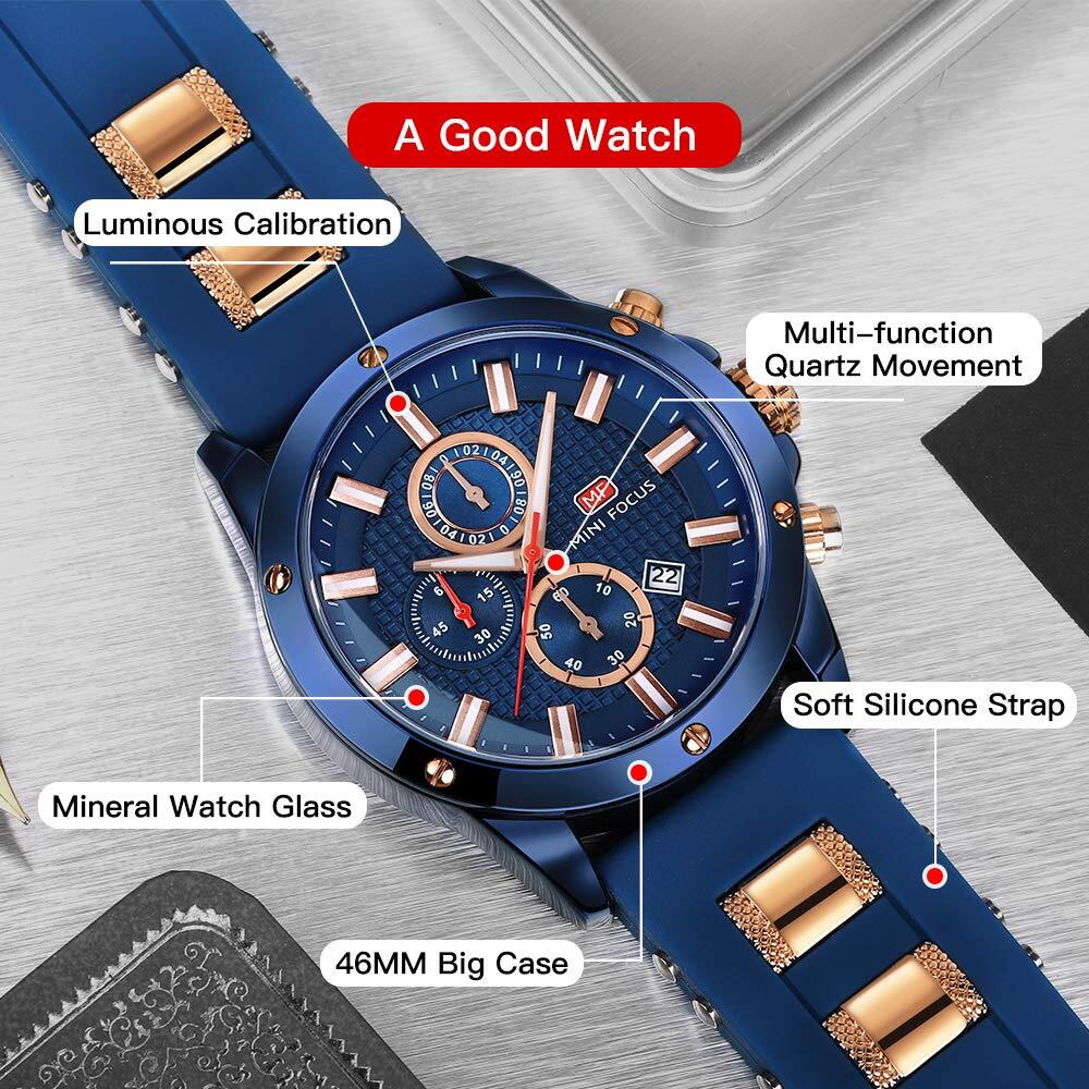 Mini Focus Mens Watch Casual Sports Watches (Chronograph/Waterproof/Luminous/Calendar) Silicon Band Fashion Quartz Watch For Men (Blue)