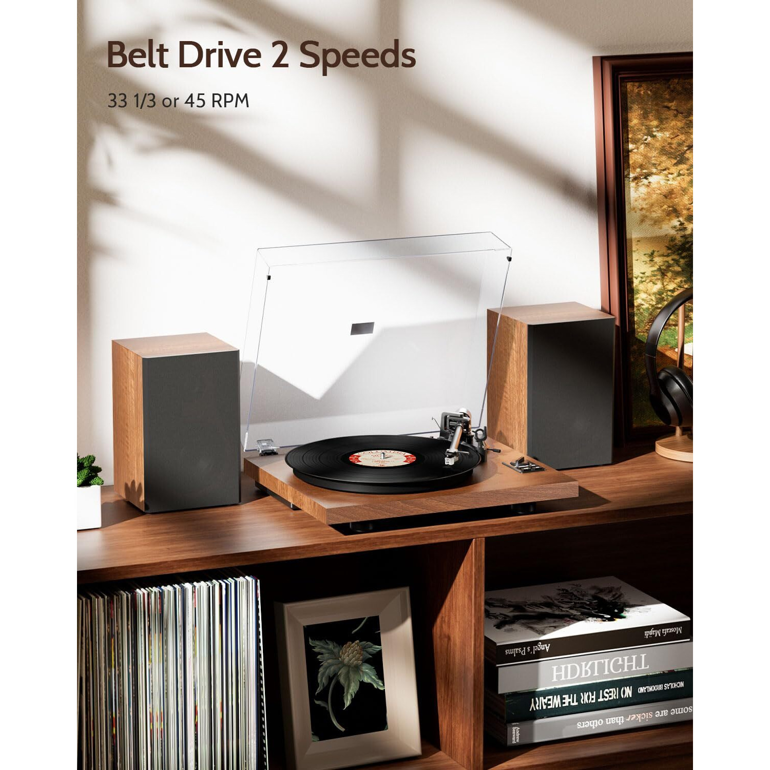 1 By One Bluetooth Turntable Hifi System With 36 Watt Bookshelf Speakers, Patend Designed Vinyl Record Player With Magnetic Cartridge, Bluetooth Playback And Auto Off