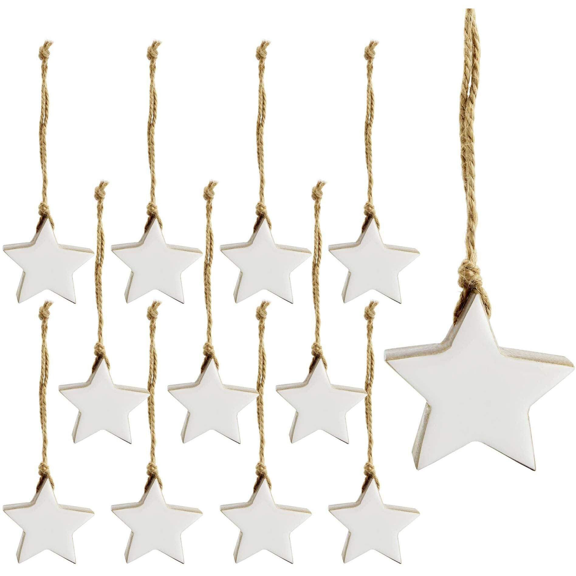 Auldhome Farmhouse Star Ornaments (12-Pack, White) Wood With White Enamel 2-Inch Star Christmas Decorations, Retro Vintage Enamelware Style
