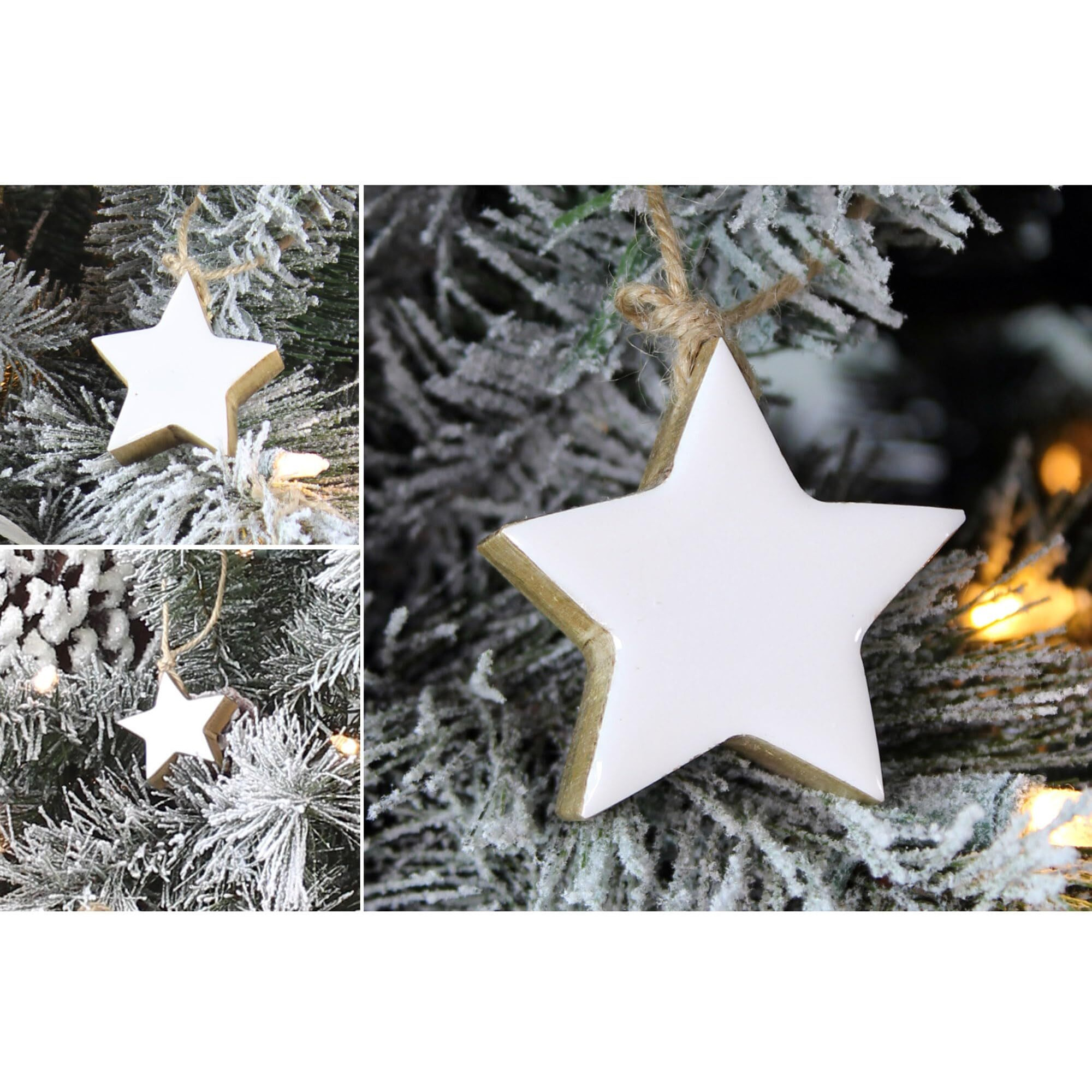 Auldhome Farmhouse Star Ornaments (12-Pack, White) Wood With White Enamel 2-Inch Star Christmas Decorations, Retro Vintage Enamelware Style