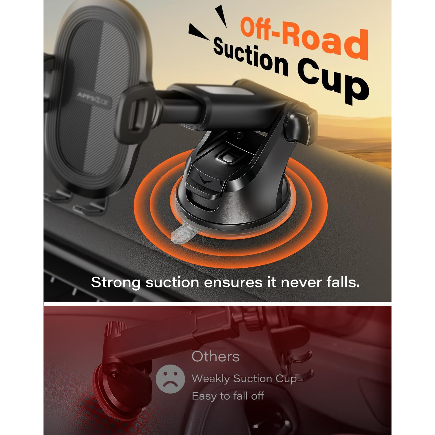Apps2Car Suction Cup Phone Mount, Universal Phone Holders For Your Car Windshield/Dashboard/Window, Cell Phone Holder Car With Sticky Gel Pad, Compatible With Iphone, Samsung, All Cellphone
