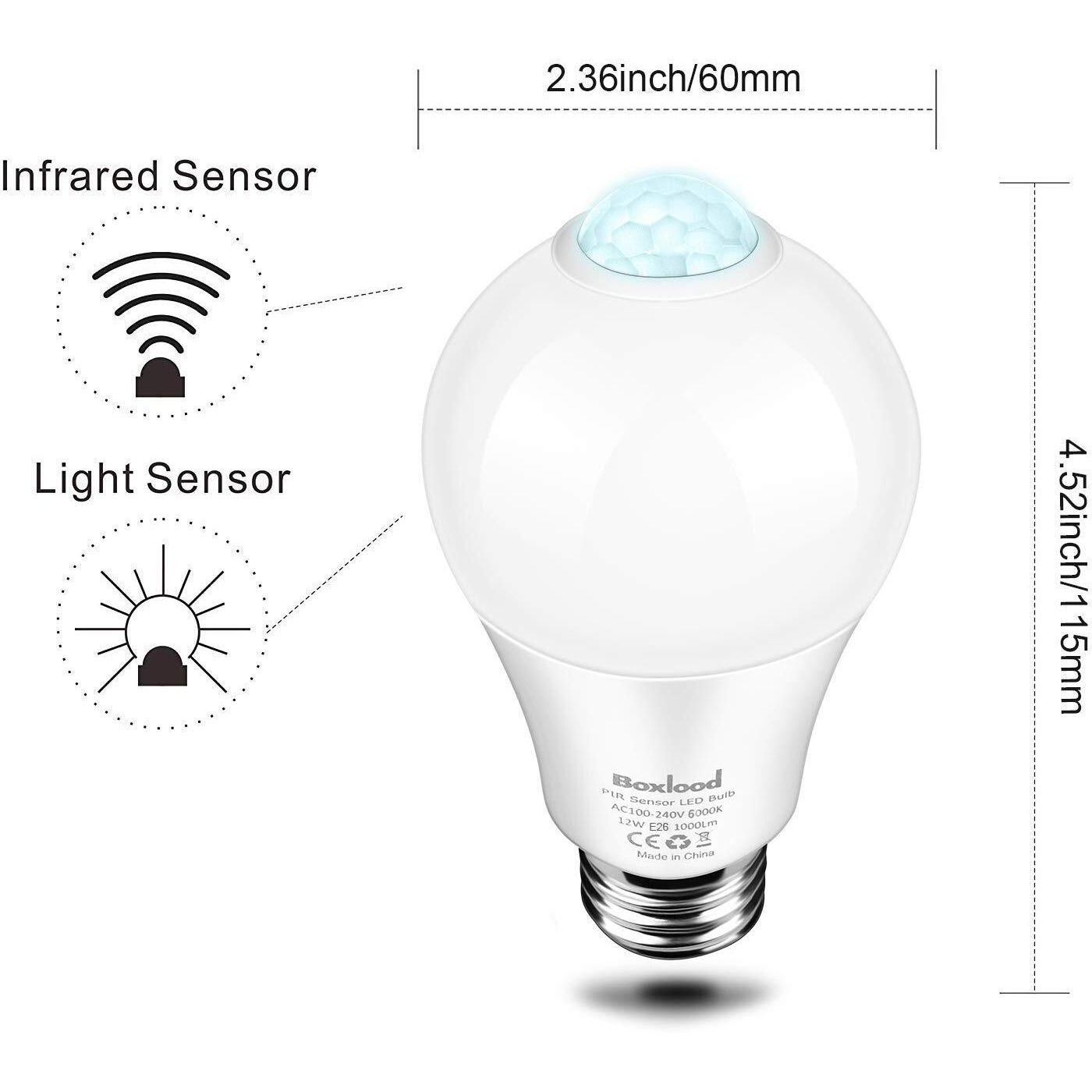 Motion Sensor Light Bulbs, Pir Movement Activated Dusk To Dawn Outdoor Light Bulb Auto On/Off 12W (100Watt Equivalent) A19 E26 6000K Cool White For Front Door Porch Garage Basement Hallway 2Pack