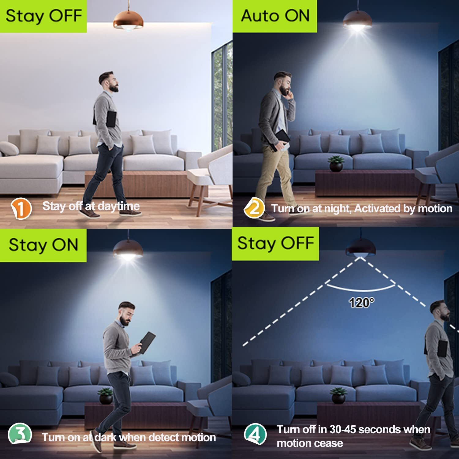 Motion Sensor Light Bulbs, Pir Movement Activated Dusk To Dawn Outdoor Light Bulb Auto On/Off 12W (100Watt Equivalent) A19 E26 6000K Cool White For Front Door Porch Garage Basement Hallway 2Pack