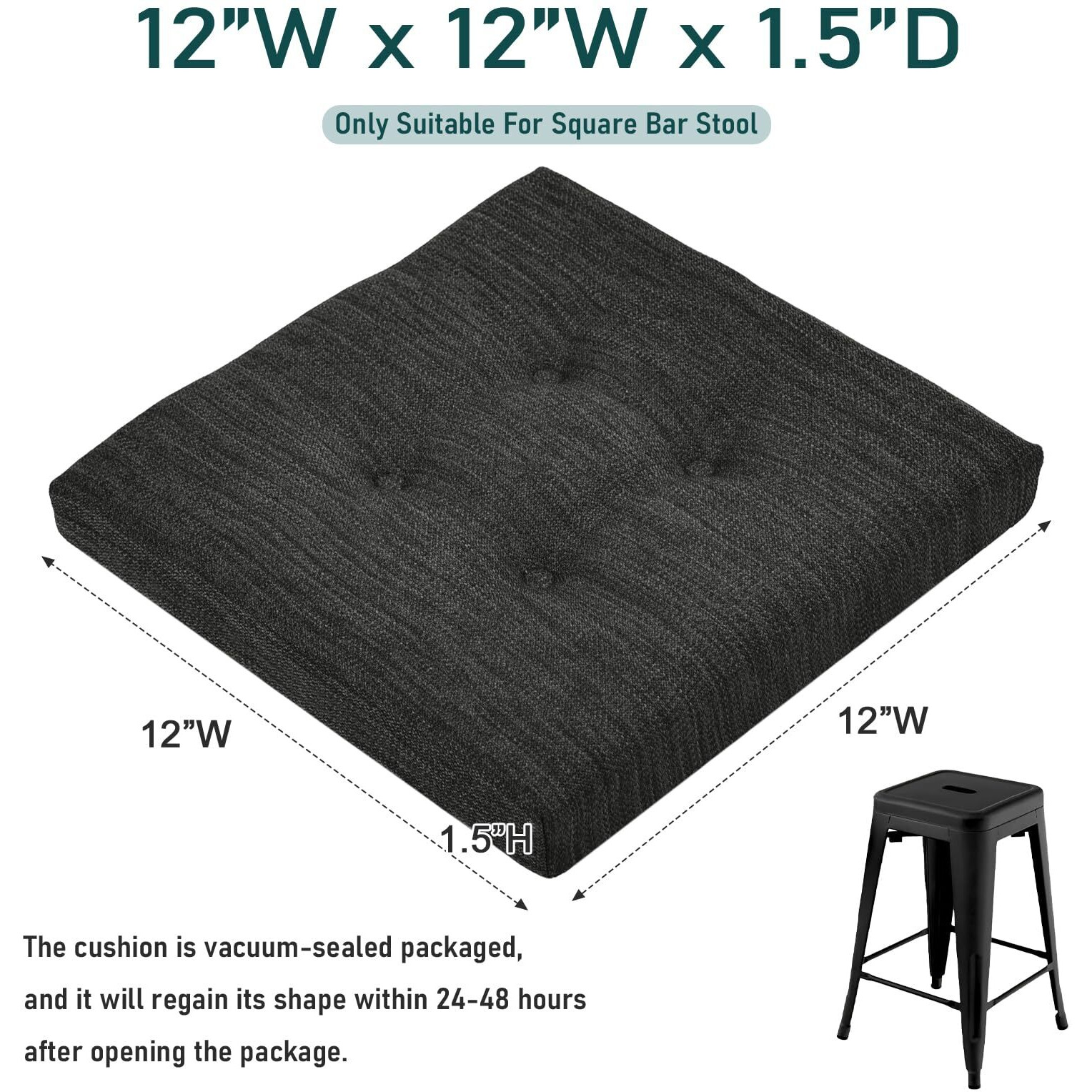 Baibu 12 Inches Square Seat Cushion, Super Soft Bar Stool Square Seat Cushion With Ties- One Pad Only, Gray-Black (12'' (30Cm))