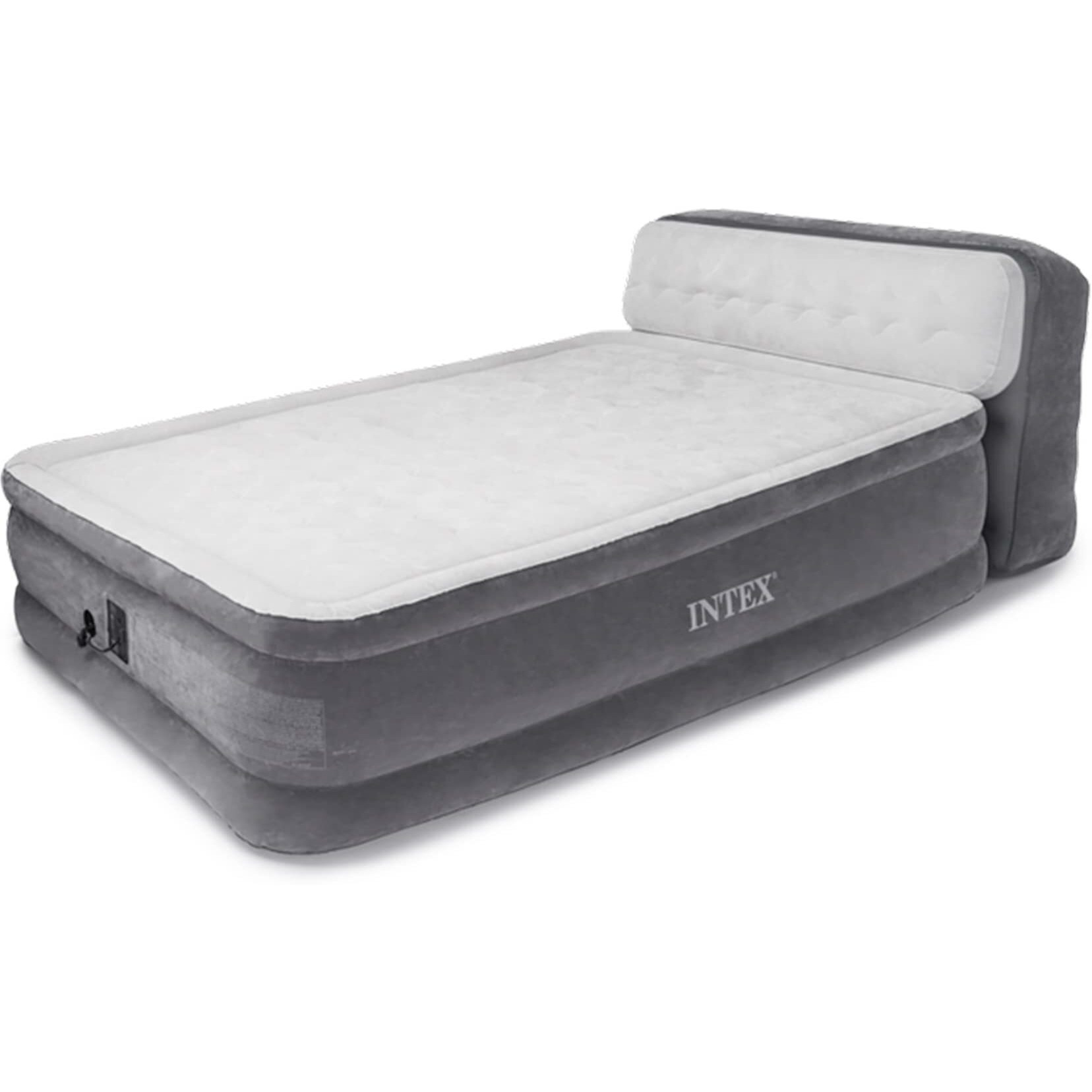 Intex Dura-Beam Ultra Plush Inflatable Pillow Top Bed Air Mattress With Headboard, Built-In Internal Electric Pump And Carry Storage Bag, Queen, Gray