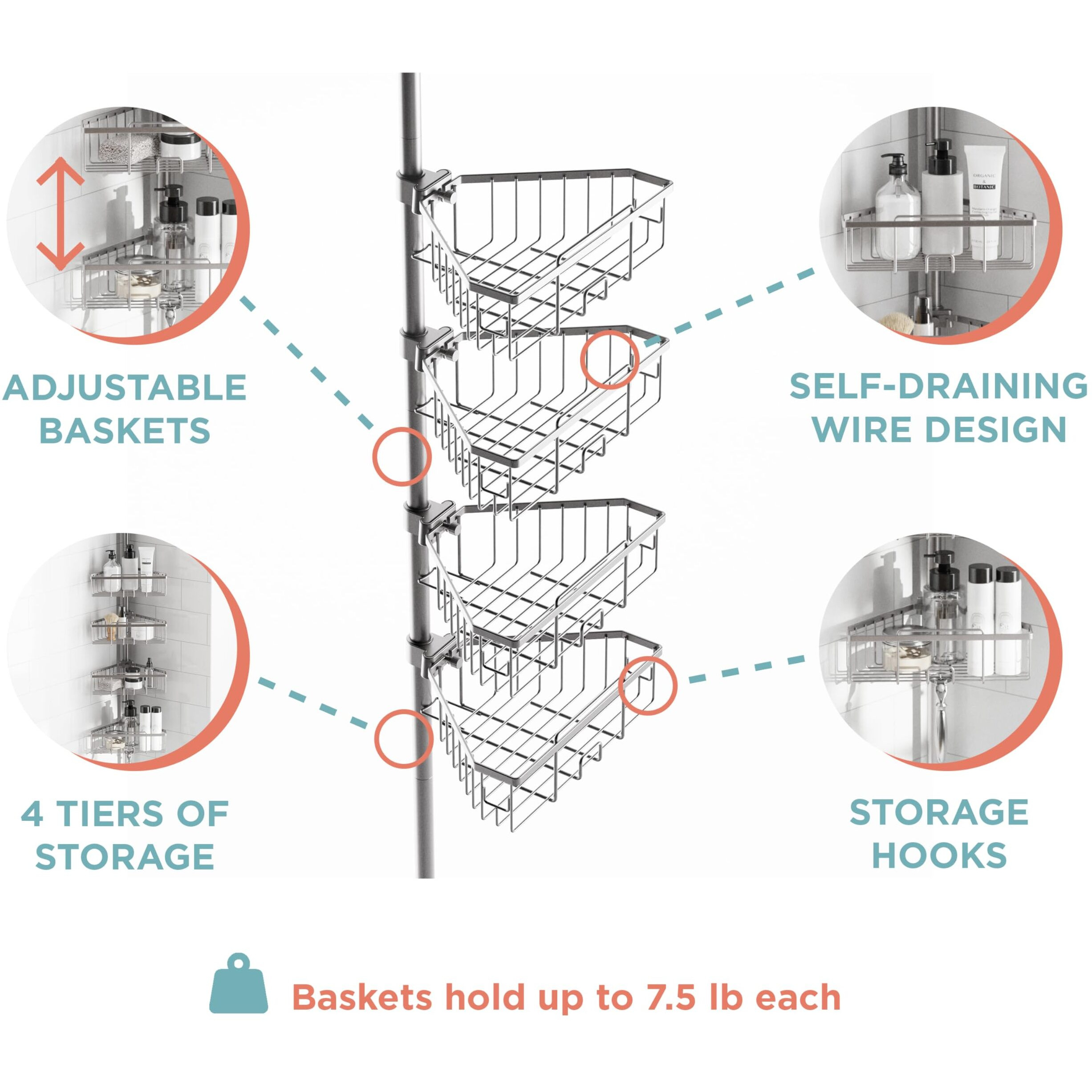Zenna Home Tension Pole Shower Caddy, 4 Basket Shelves, Adjustable, 60 To 108 Inch, Satin Nickel
