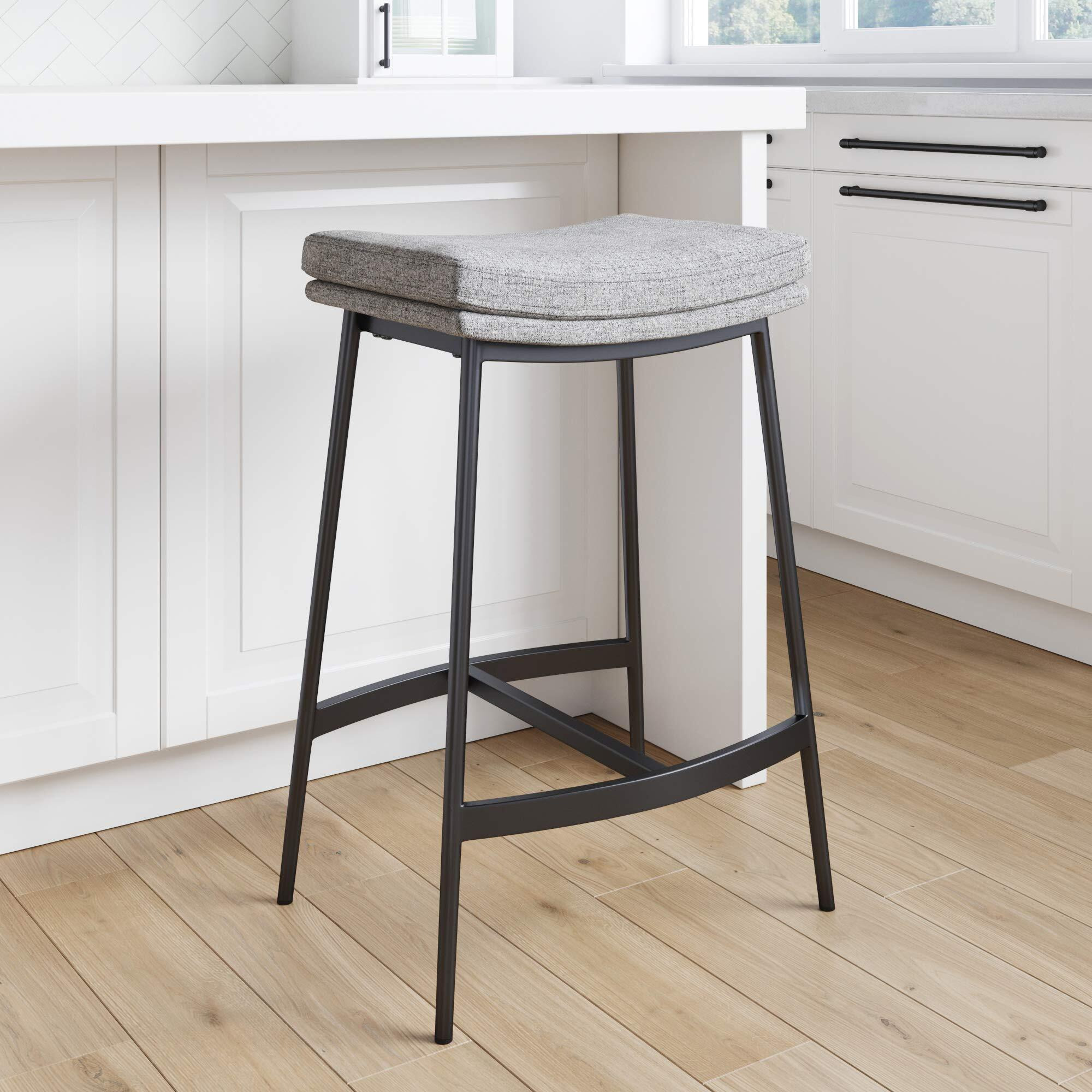Nathan James 22201 Arlo Modern Backless Upholstered Kitchen Counter Bar Stool With Double-Layered Saddle Seat And Metal Base, Grey/ Matte Black