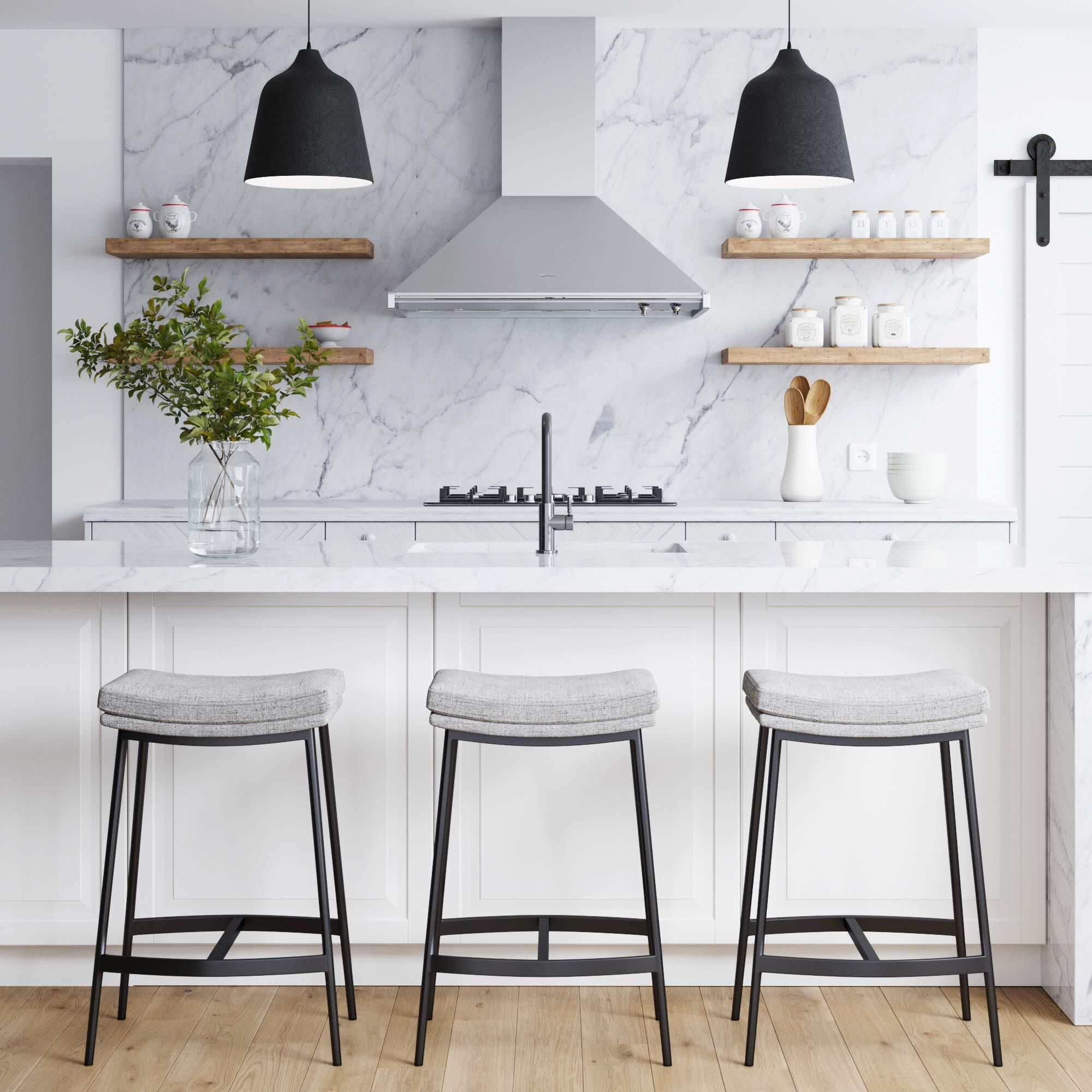 Nathan James 22201 Arlo Modern Backless Upholstered Kitchen Counter Bar Stool With Double-Layered Saddle Seat And Metal Base, Grey/ Matte Black