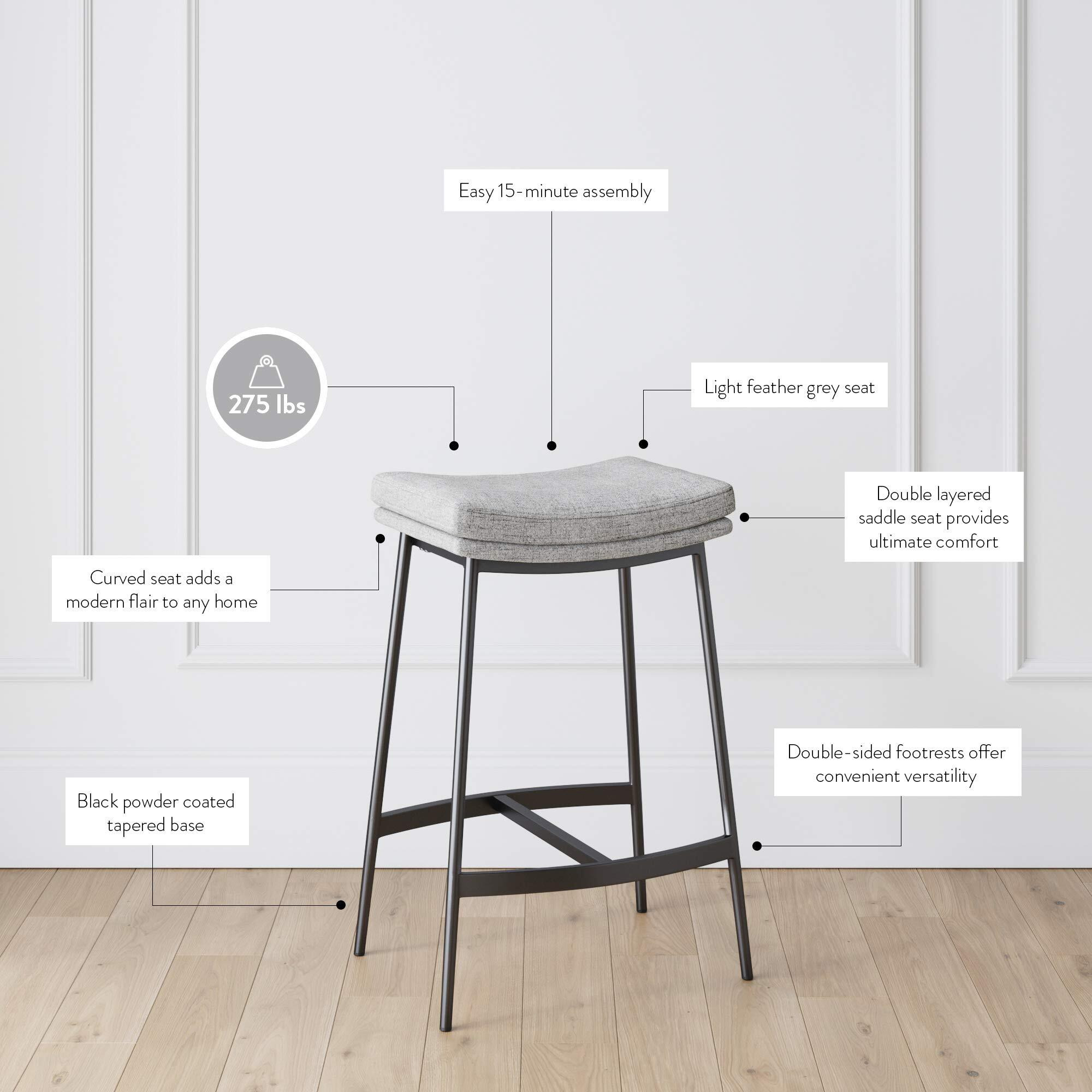 Nathan James 22201 Arlo Modern Backless Upholstered Kitchen Counter Bar Stool With Double-Layered Saddle Seat And Metal Base, Grey/ Matte Black