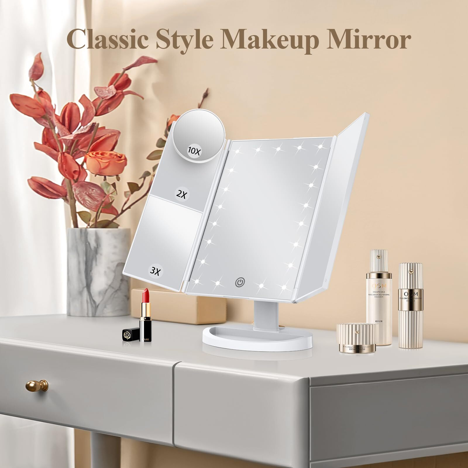 Makeup Mirror Vanity Mirror With Lights, 2X 3X 10X Magnification, Lighted Makeup Mirror, Touch Control, Trifold Makeup Mirror, Dual Power Supply, Portable Led Makeup Mirror, Women Gift (White)