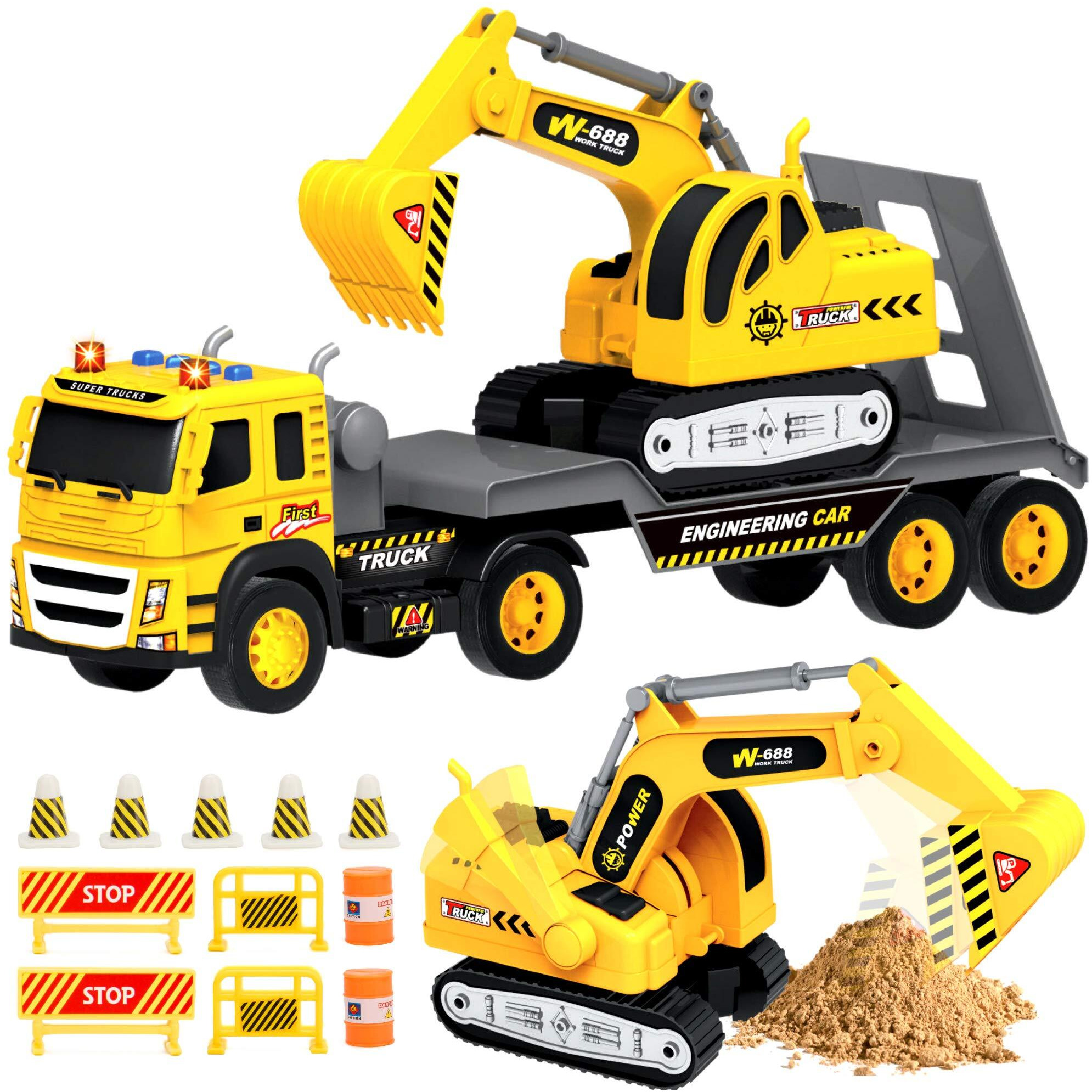 112 Scale Push And Go Excavator Flatbed Toy Truck For Kids - With Lights & Sounds