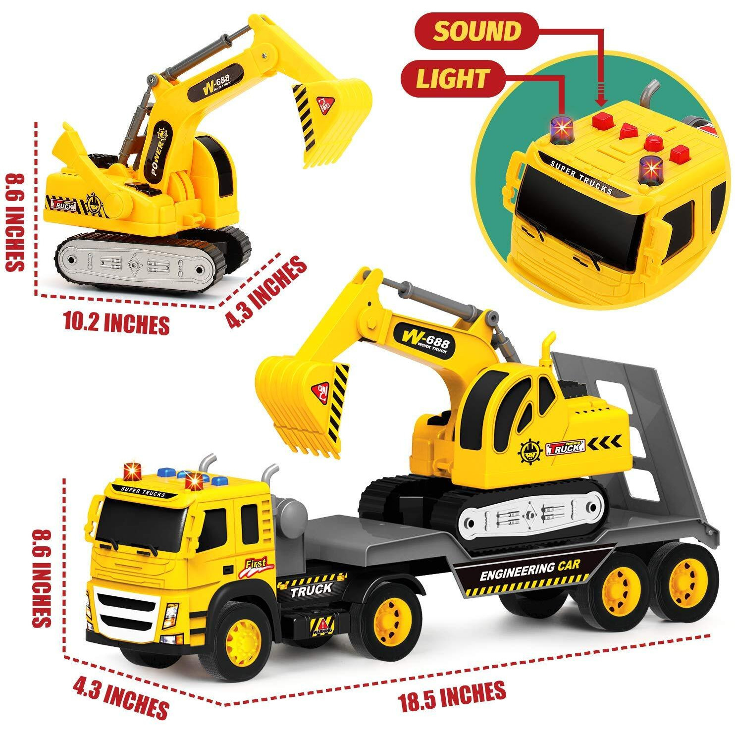 112 Scale Push And Go Excavator Flatbed Toy Truck For Kids - With Lights & Sounds