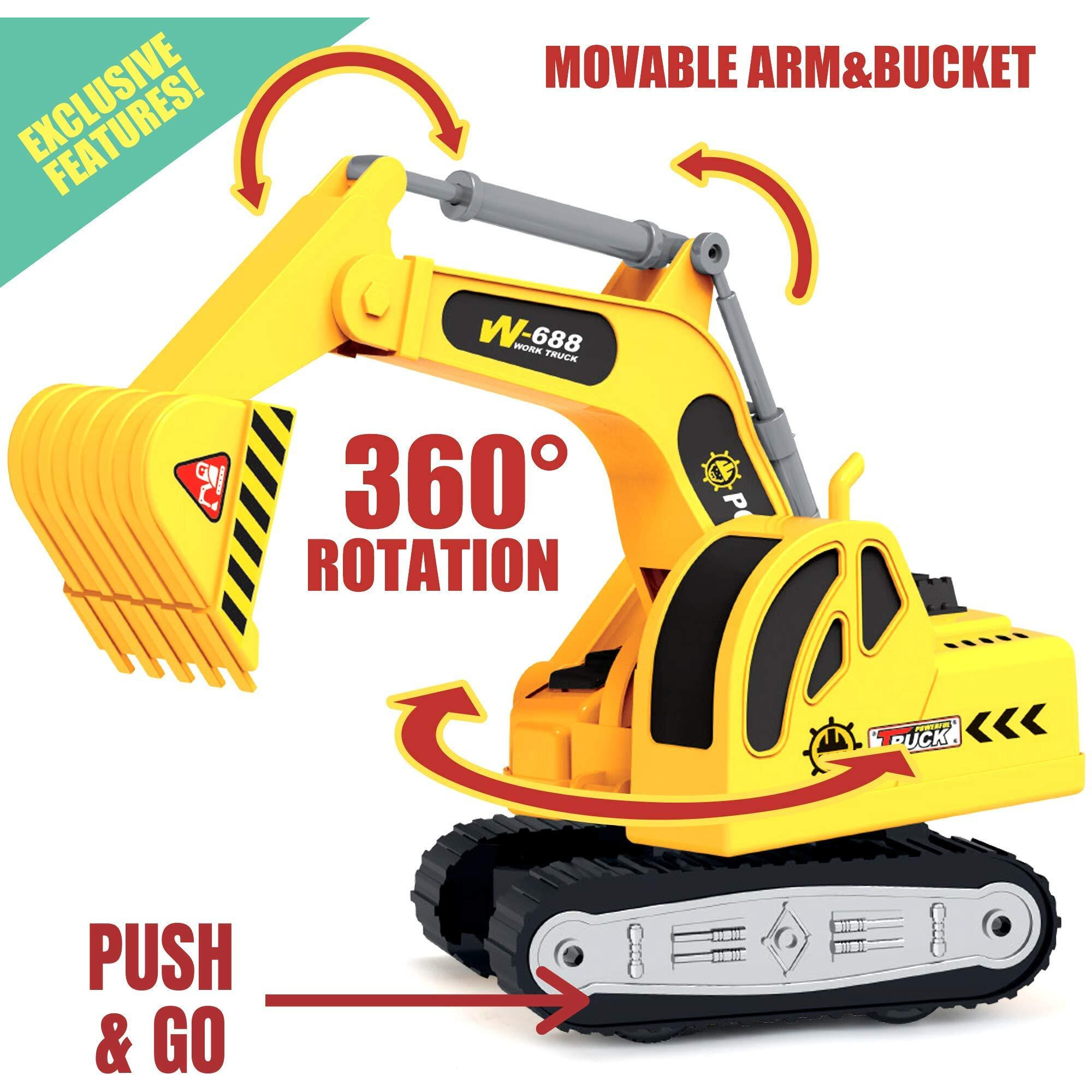 112 Scale Push And Go Excavator Flatbed Toy Truck For Kids - With Lights & Sounds