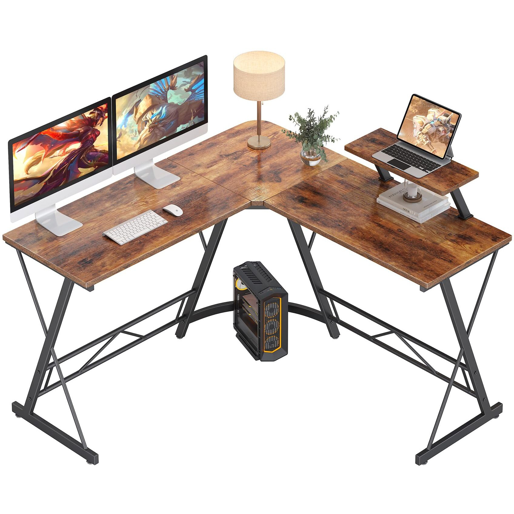 Mr Ironstone L Shaped Computer Desk Corner Desk, Home Office Desk, Gaming Writing Workstation With Large Monitor Stand, Easy To Assemble (Rustic Brown,51 Inch)