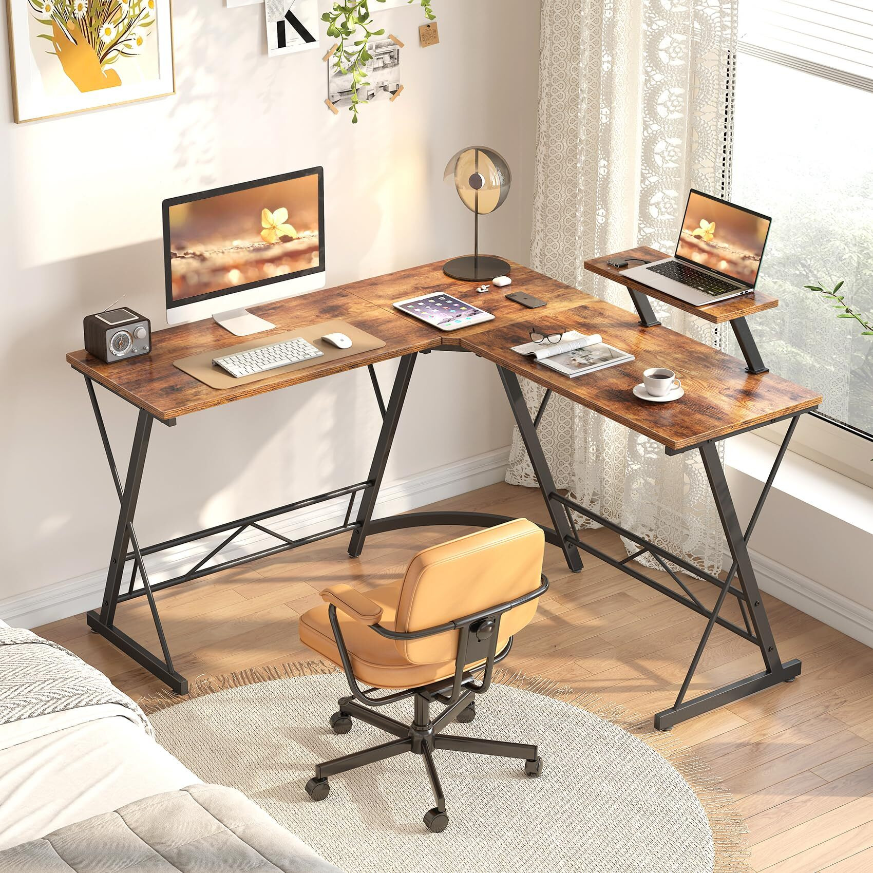 Mr Ironstone L Shaped Computer Desk Corner Desk, Home Office Desk, Gaming Writing Workstation With Large Monitor Stand, Easy To Assemble (Rustic Brown,51 Inch)