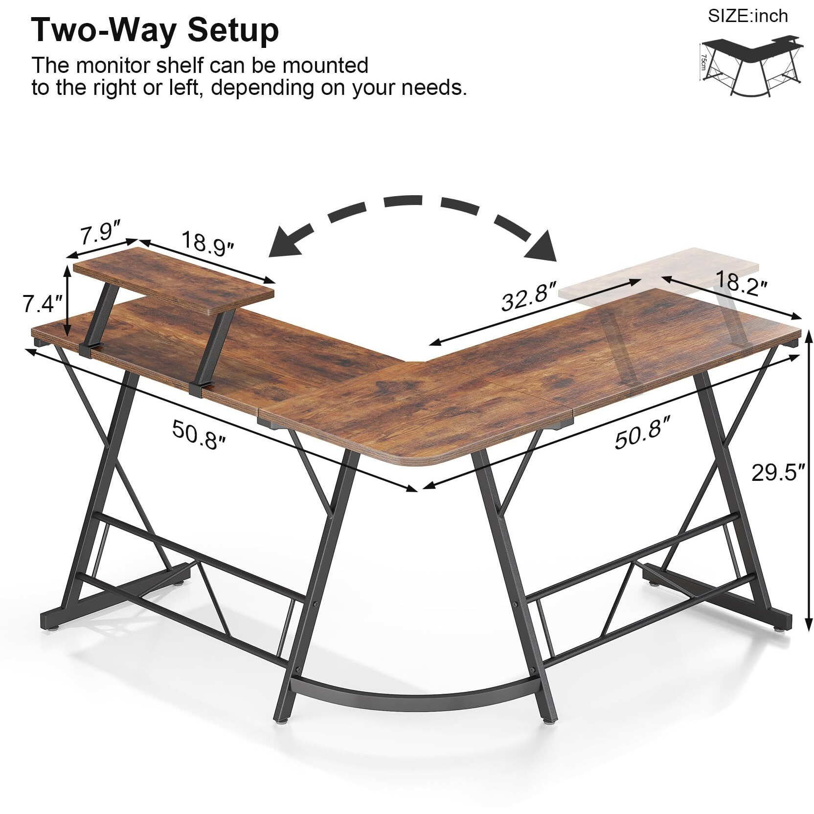 Mr Ironstone L Shaped Computer Desk Corner Desk, Home Office Desk, Gaming Writing Workstation With Large Monitor Stand, Easy To Assemble (Rustic Brown,51 Inch)