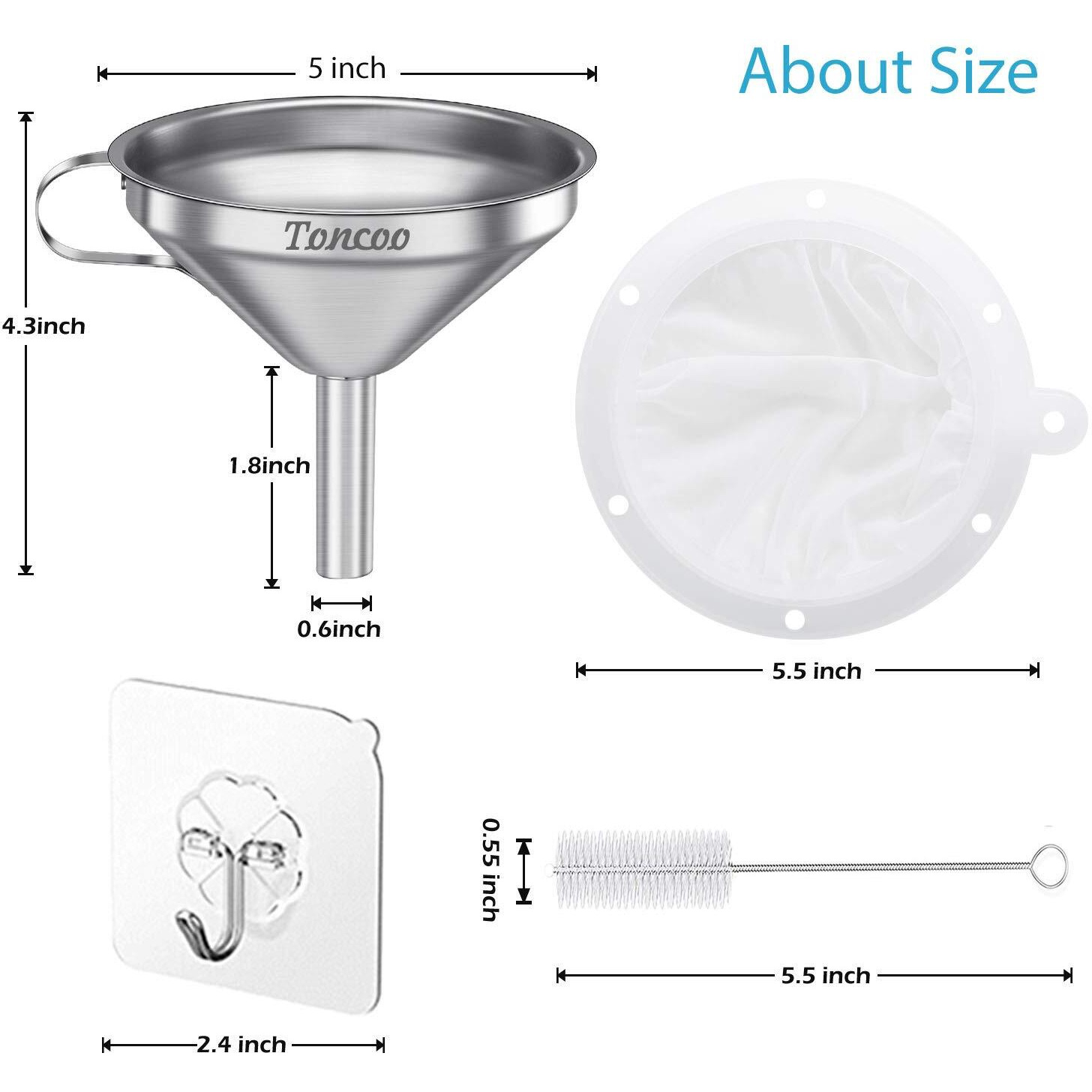 Toncoo 5-Inch Premium Stainless Steel Funnel With 200 Mesh Food Filter Strainer, Food Grade Kitchen Funnels For Filling Bottles, Metal Funnel With Strainer, Food Funnel For Kitchen
