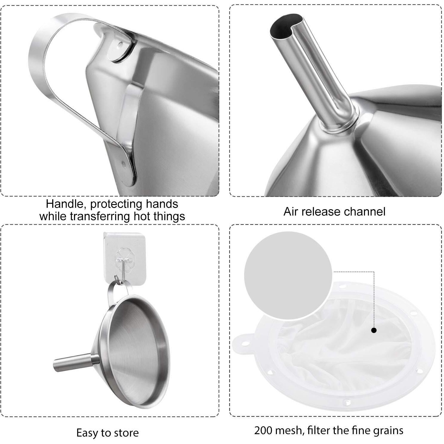Toncoo 5-Inch Premium Stainless Steel Funnel With 200 Mesh Food Filter Strainer, Food Grade Kitchen Funnels For Filling Bottles, Metal Funnel With Strainer, Food Funnel For Kitchen