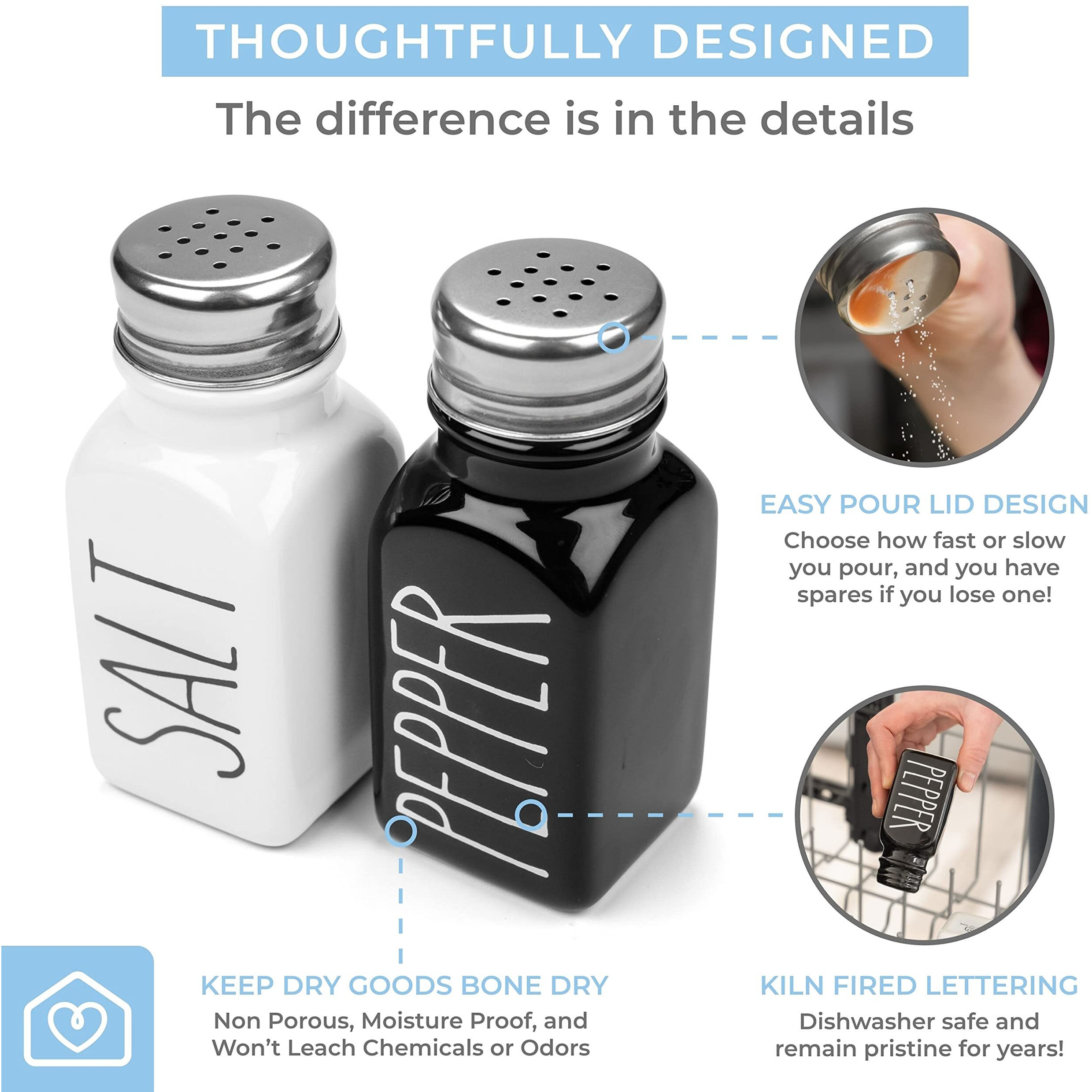 Heartland Home Farmhouse Ceramic Salt And Pepper Shakers Set With Extra Lids. 100% Stoneware Salt And Pepper Shaker Set. Black Pepper And White Salt Shaker With Lid X4. Kitchen Salt Pepper Shakers