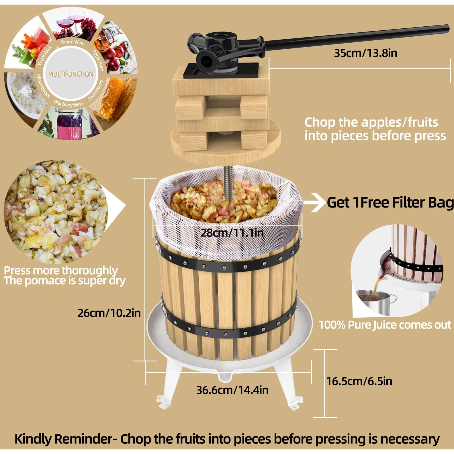 Squeeze Master Fruit Press-3.17 Gallon/12L-Solid Wood Basket Wine Press-Vintage Traditional Juicer-6 Press Wooden Blocks-Pole Handle Bar For Juice,Wine,Cider-1 Free Filter Bag Included
