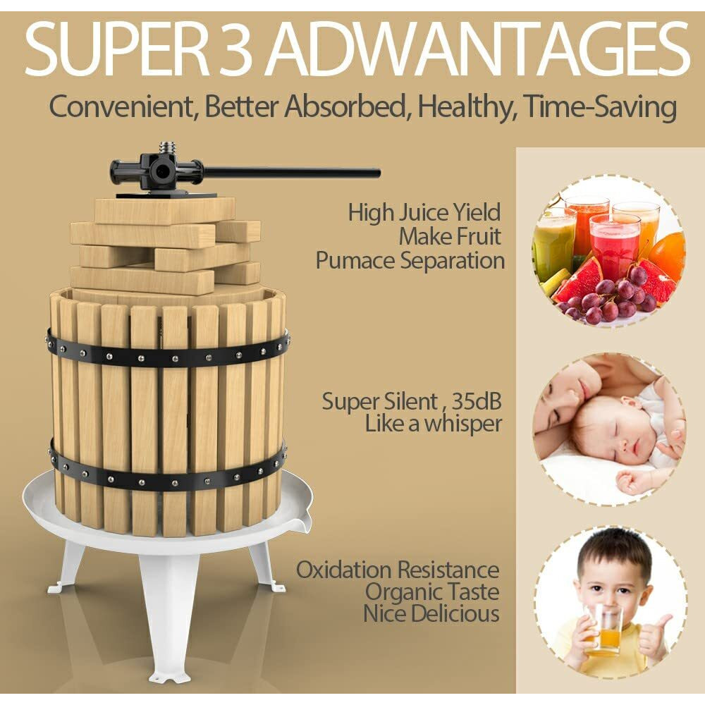 Squeeze Master Fruit Press-3.17 Gallon/12L-Solid Wood Basket Wine Press-Vintage Traditional Juicer-6 Press Wooden Blocks-Pole Handle Bar For Juice,Wine,Cider-1 Free Filter Bag Included