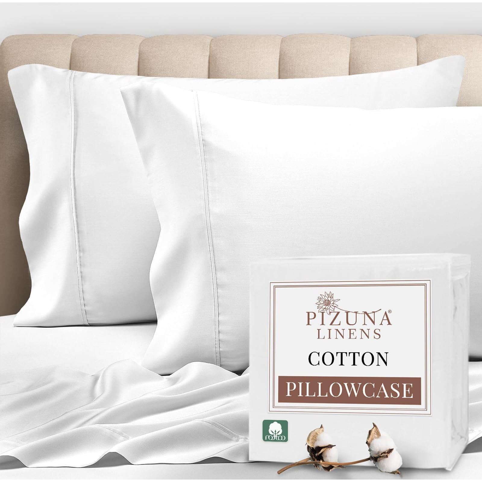 Pizuna Pure 100% Cotton Pillow Cases Queen Size Set Of 2 White, Luxurious 400 Thread Count Long Staple Cotton Sateen With Stylish 4"" Hem (Combed White Cotton Pillow Cases Queen)