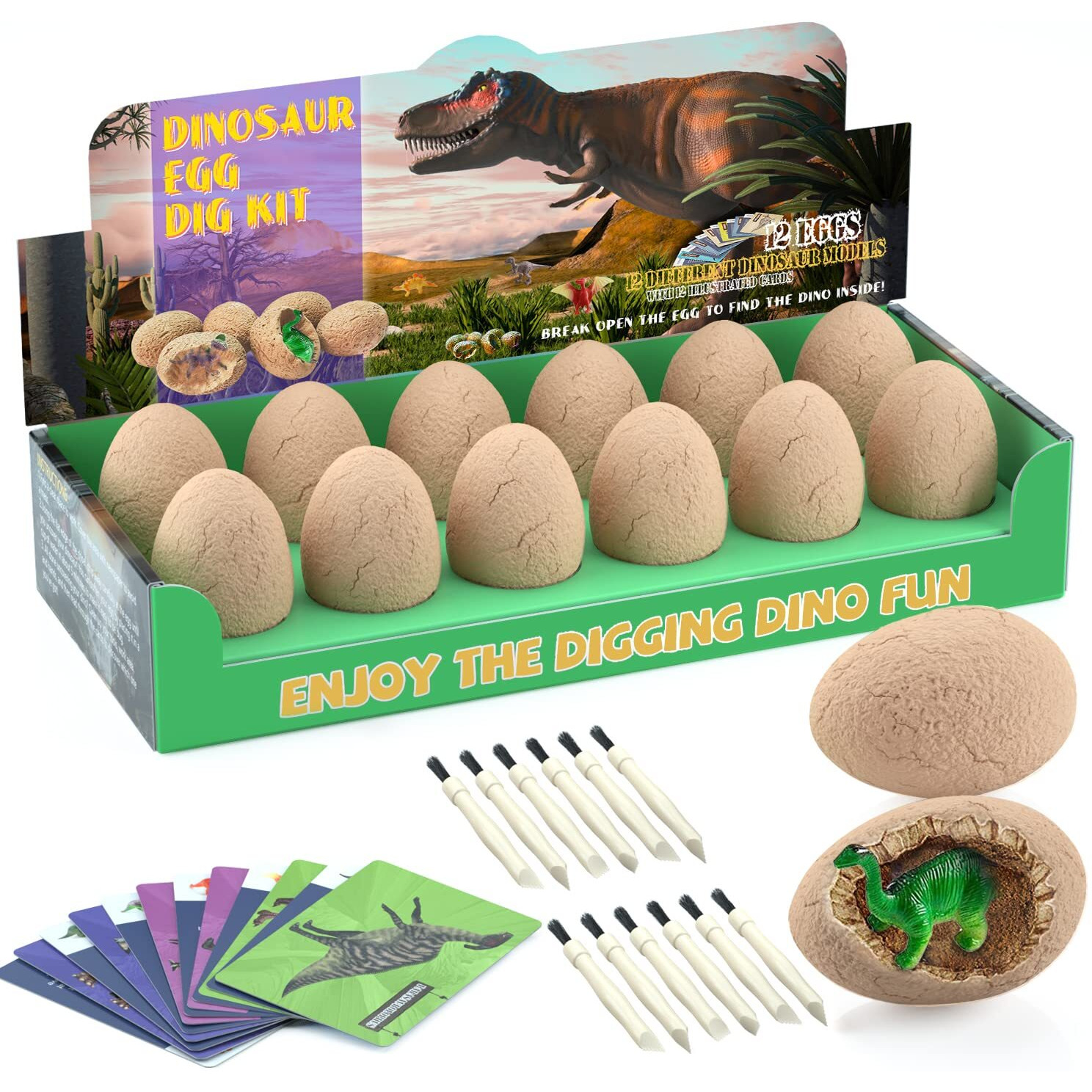 Bigear Dinosaur Eggs Excavation Dig Kit - Dinosaur Toys For Kids - Break Open 12 Dinosaur Eggs And Discover 12 Cute Dinosaurs - Archaeology Preschool Science Stem Crafts Birthday Gifts For Boys Girls