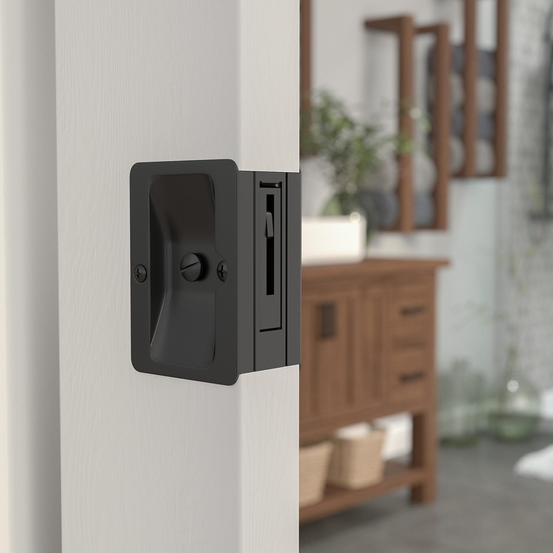 Richelieu Hardware 1701Fbpsbc Onward Rectangular Pocket Door Pull With Privacy Lock, 3-1/4 In (82 Mm), Black