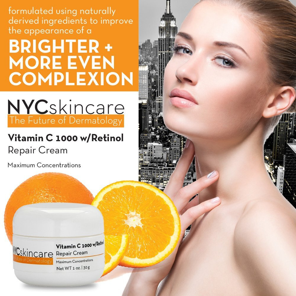 Vitamin C W/Retinol 1,000 Cream For Face | W/Jojoba Oil, Squalane & Antioxidants | Professional Quality | May Help Smooth Appearance Of Fine Lines & Wrinkles, Brightens Complexion 1Oz