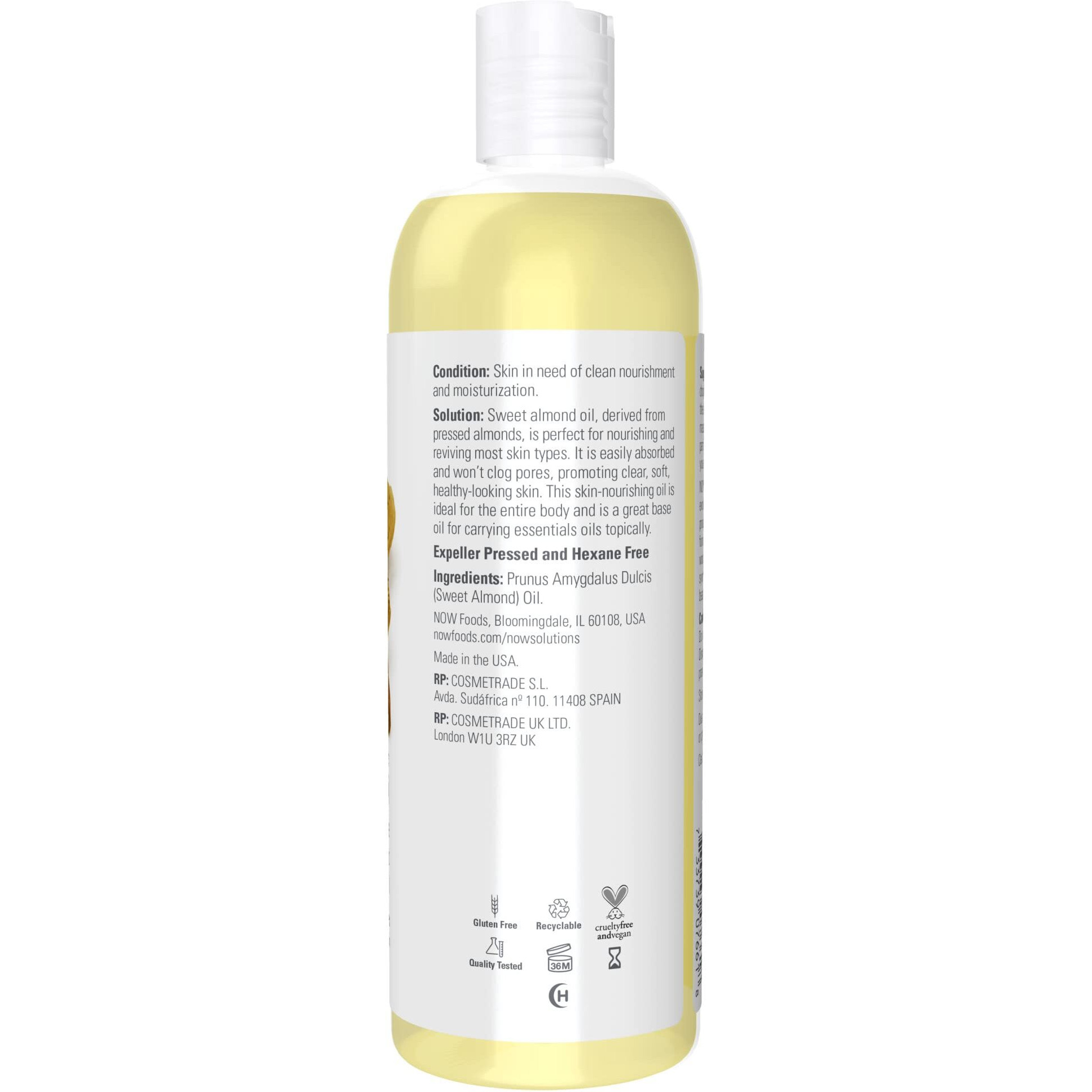 Now Foods Solutions, Sweet Almond Oil, 100% Pure Moisturizing Oil, Promotes Healthy-Looking Skin, Unscented Oil, 16-Ounce,Package May Vary