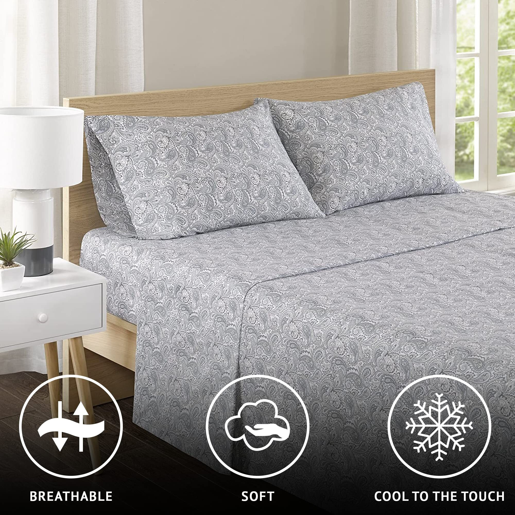 Comfort Spaces 100% Cotton Sheet Set Breathable, Lightweight, Soft With 14"" Elastic Pocket Fits Up To 16"" Mattress, All Season Cozy Bedding, Matching Pillow Case, Cal King Paisley Multi 4 Piece
